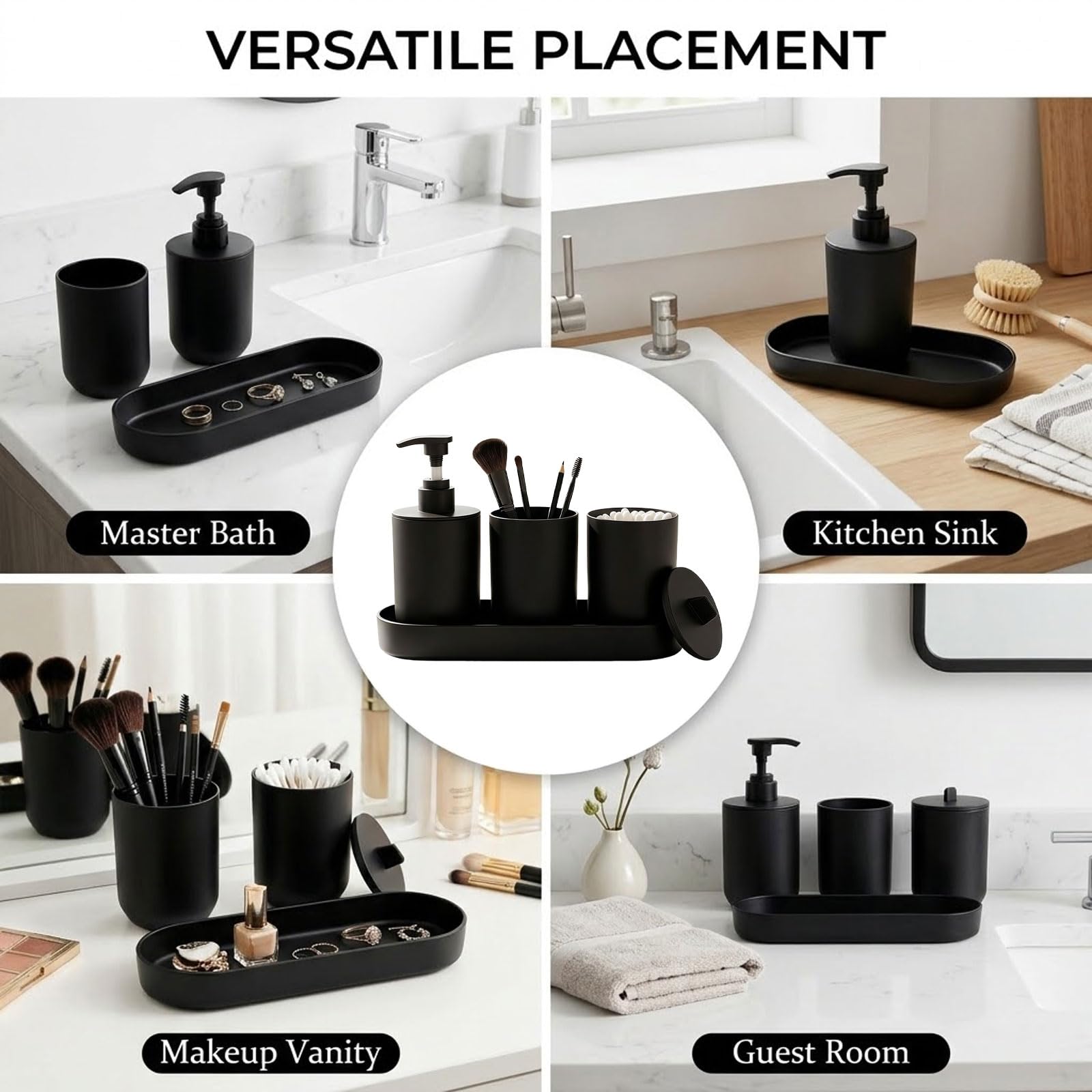 4-teiliges Badezimmer-Set Matt Schwarz – Ensemble d'accessoires de salle de bain modernes avec distributeur de savon, gobelet, récipient de stockage et plateau – Organisateur en plastique pour