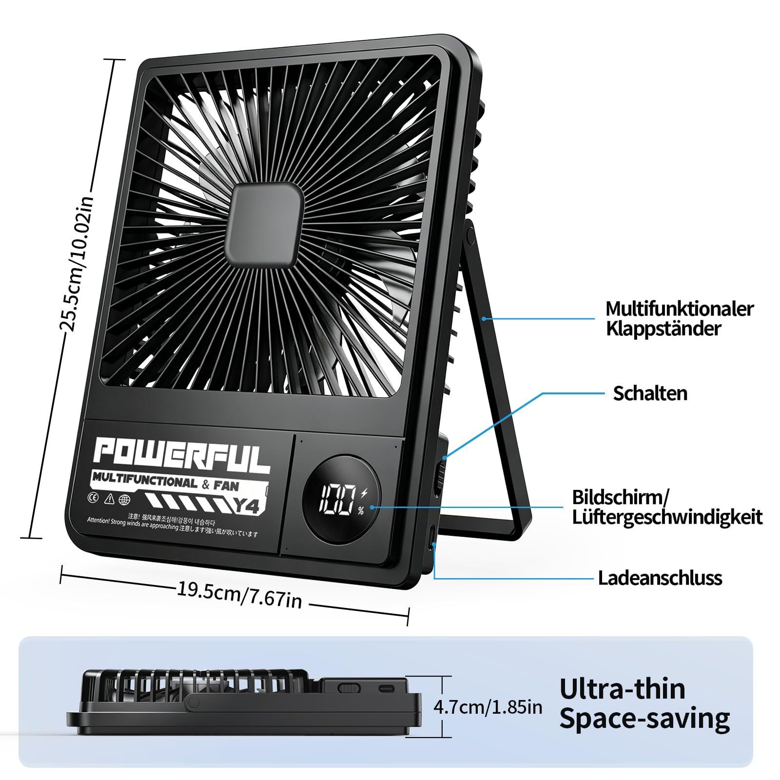 Ventilatore da Campeggio Ultrasottile da 10000 mAh, Ventilatore da Tavolo da 8", Dotato di Batteria, Supporto e Schermo Multifunzionali, Durata Della Batteria Fino a 24 ore, Adatto per Viaggi, Ufficio
