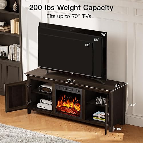 Miniatura 5 de PIWFS02G - Soporte de TV con chimenea de 18 pulgadas para televisores de hasta 70 pulgadas, chimenea eléctrica con armario de almacenamiento y