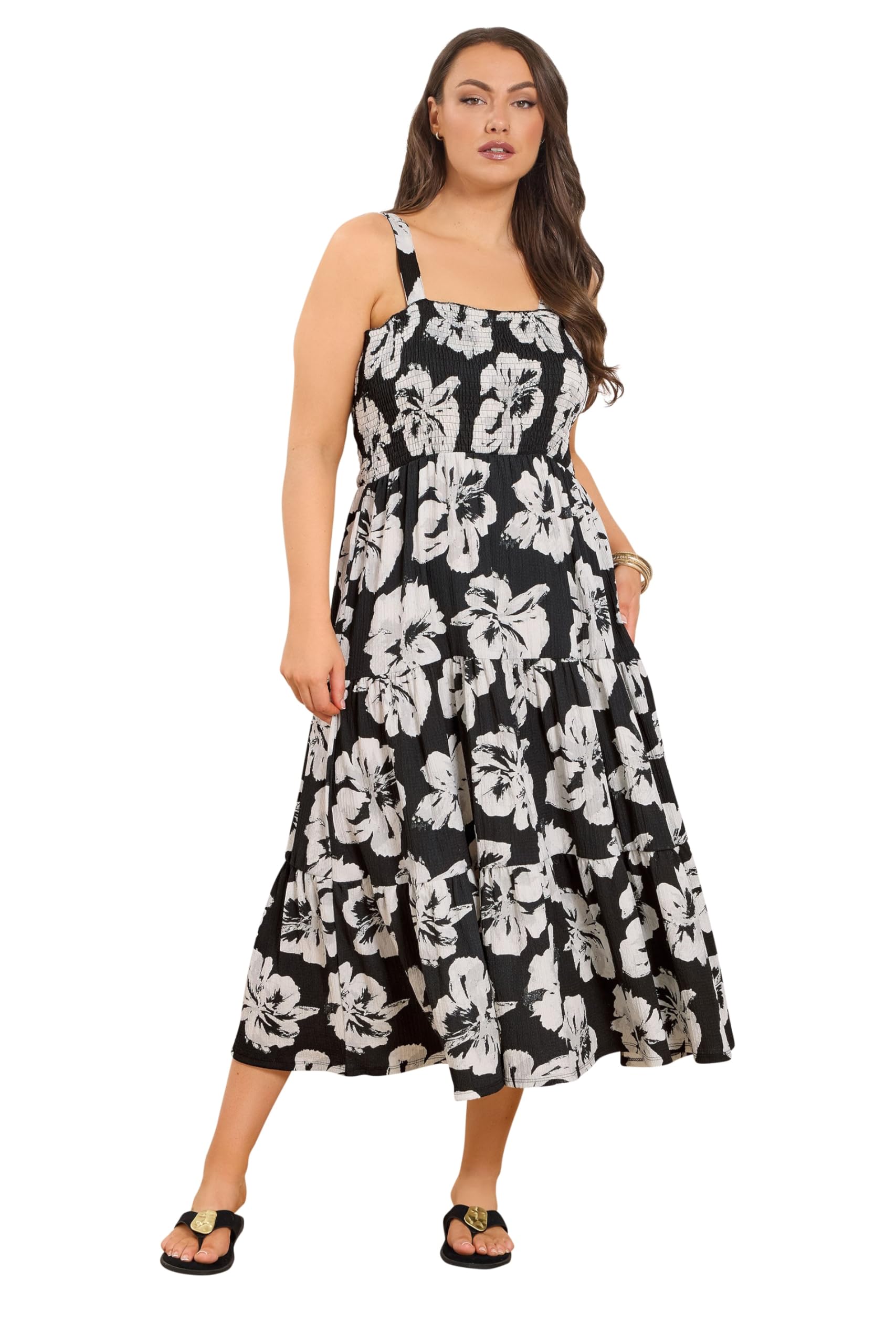 Yours Women's Black Curve & White Floral Shirred Maxi Dress - Plus Size Curve