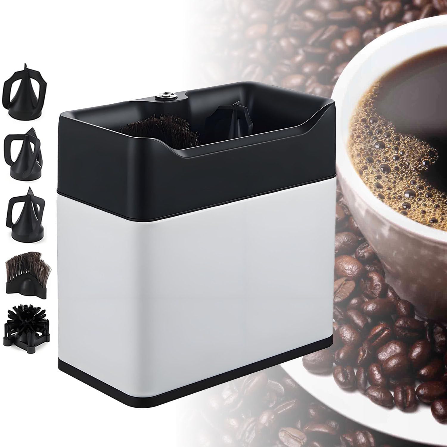 Limpiador automático de portafiltros de café con 3 raspadores, 2 cabezales de cepillo, tanque de 3 litros de 300 RPM para cestas de filtro de 51 mm y 58 mm, uso comercial en la cocina