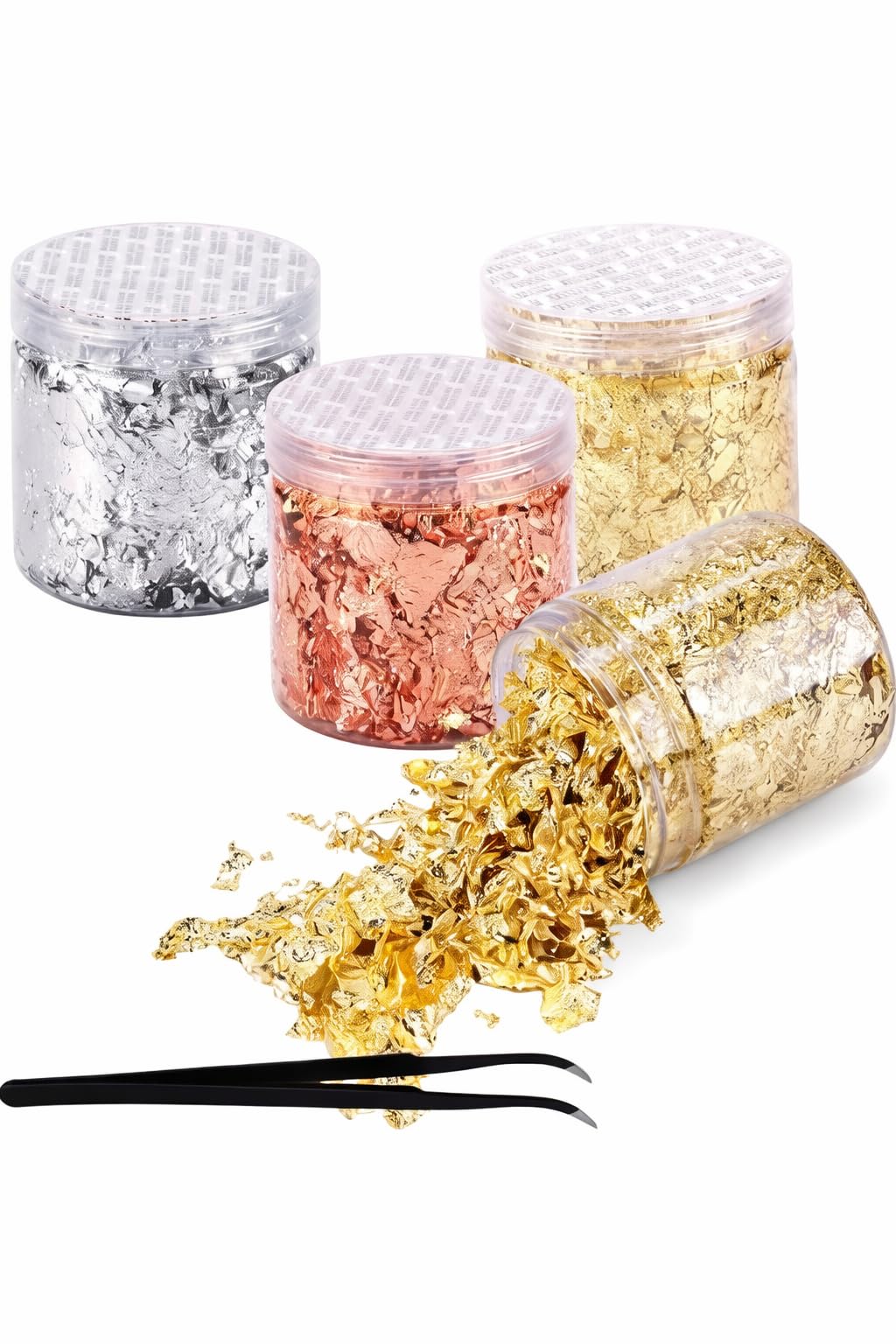 ASK VARK WALA Gold Leaf Foil Flakes for Resin, [32g] 2gold, 1copper, 1silver with Tweezer for Nail Art Decoration, Design (Multicolor) - Set of 4 Bottles with Tweezer