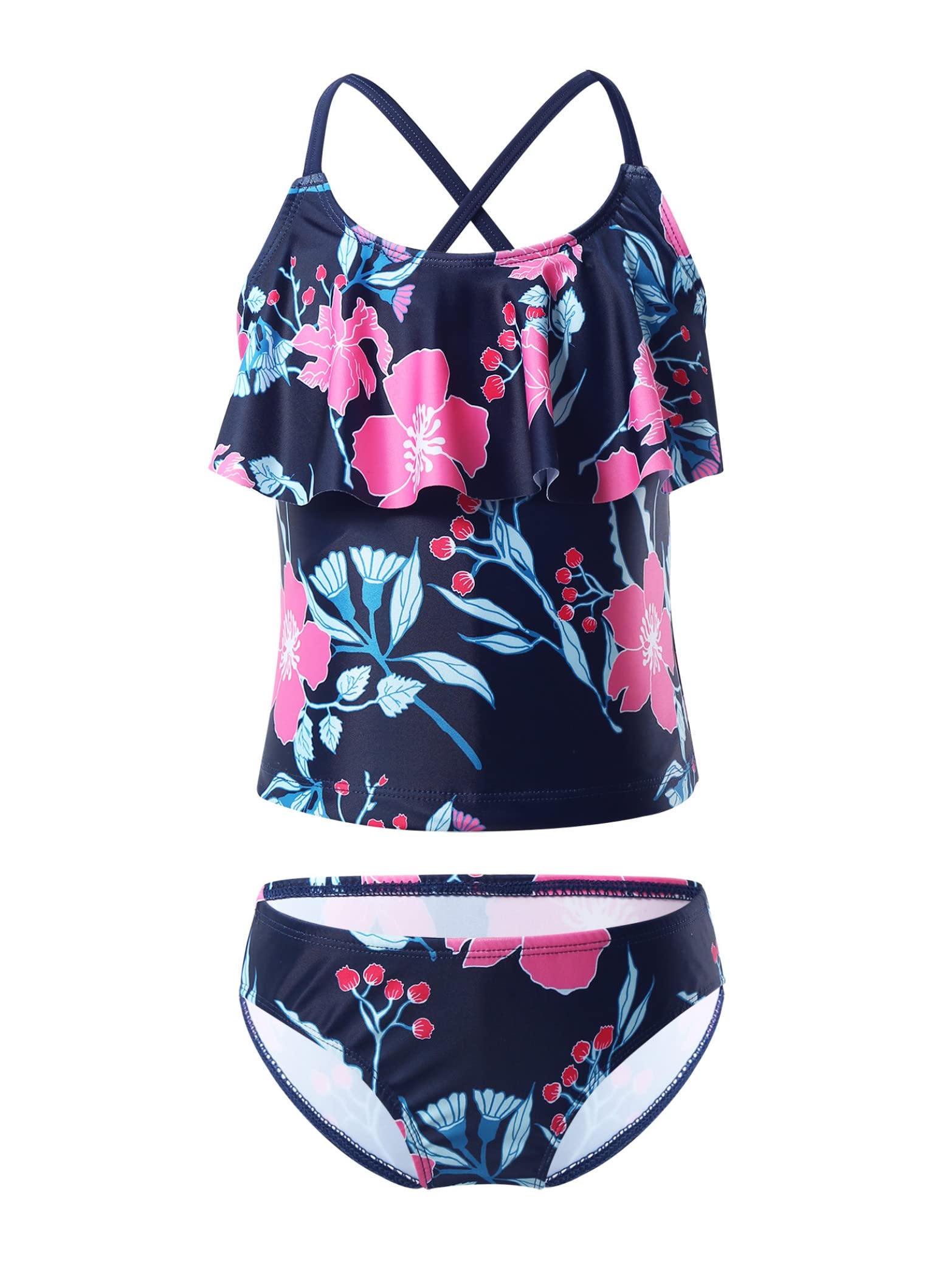 Daenrui Kids Girls 2 Piece Tropical Print Tankini Sets Bathing Suit Spaghetti Strap Ruffles Hawaii Swimsuit Navy 4 Years