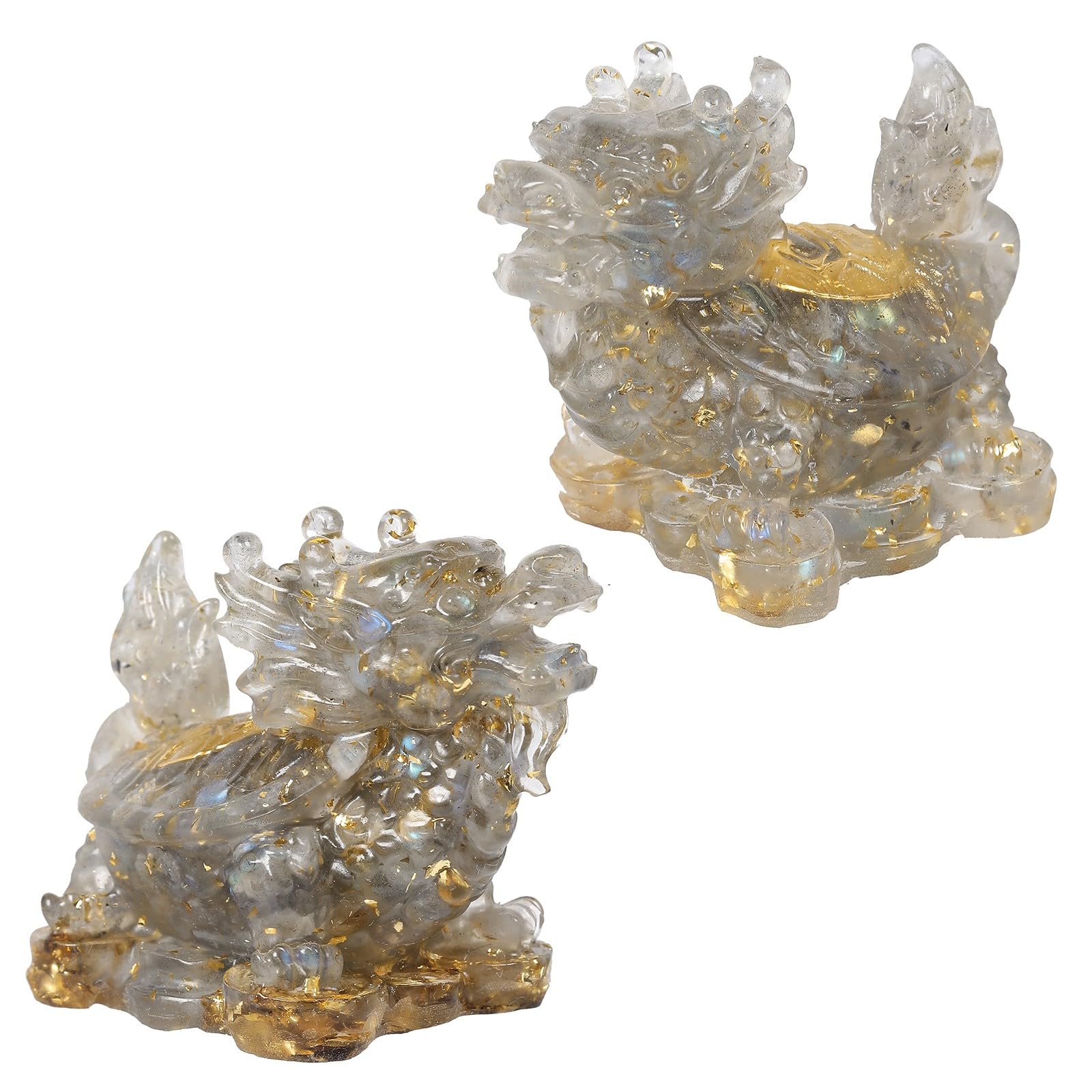 KYEYGWO Pack of 2 Dragon Turtle Crystal Statue Resin Animal Figures Collectible Figurine Feng Shui Ornament for Prosperity Wealth Good Luck Labradorite