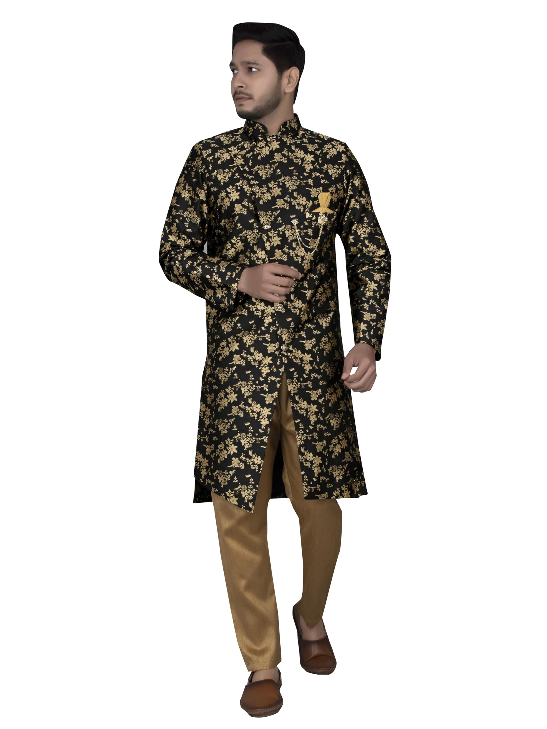 Mens Ethnic Wear Black Gold Sherwani Set
