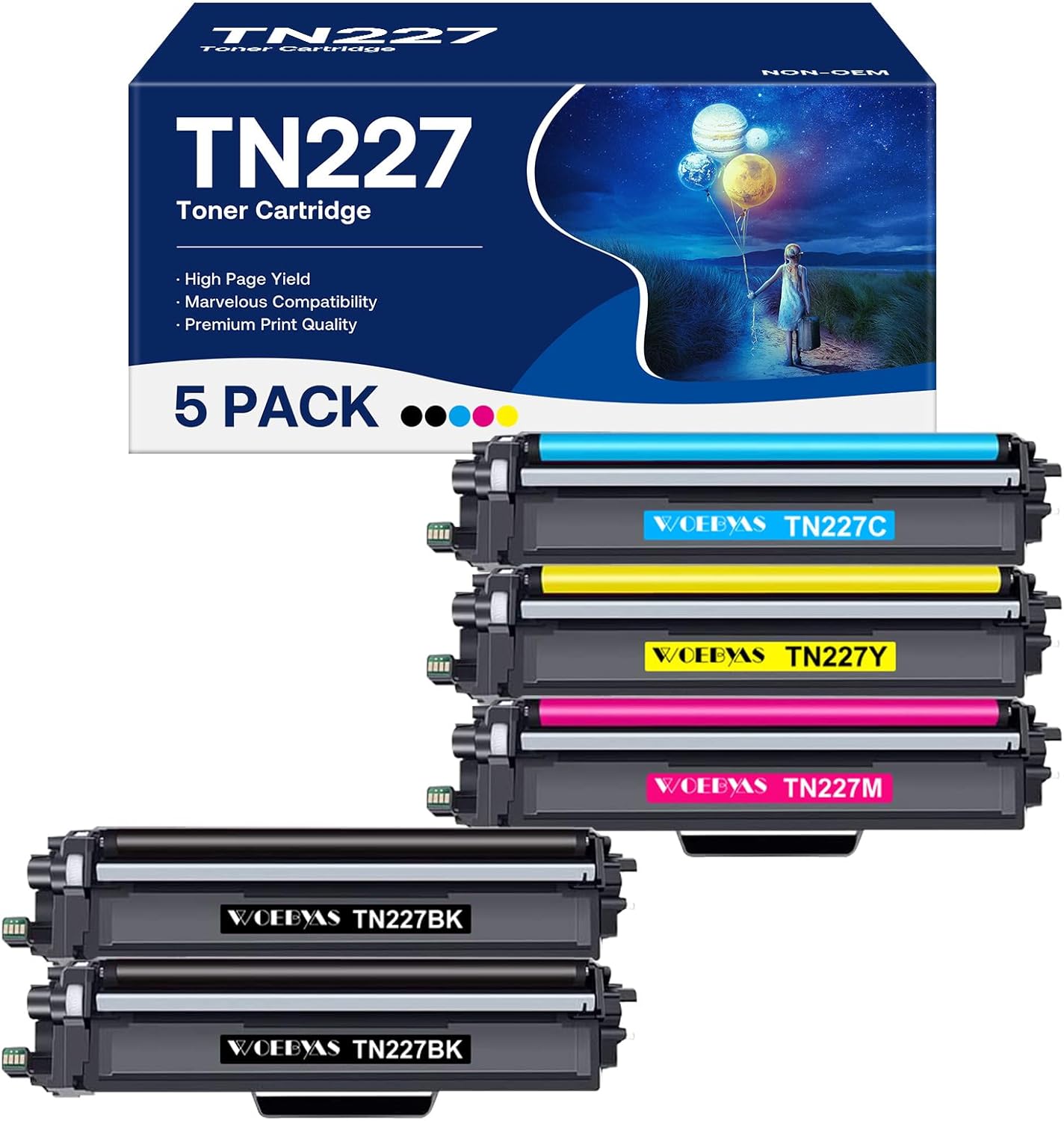 TN227 High Yield Toner Cartridge 5 Pack, Compatible for Brother TN227 TN223 with MFC-L3770CDW HL-L3270CDW HL-L3210CW HL-L3230CDW HL-L3230CDN HL-L3290CDW MFC-L3710CW MFC-L3750CDW, TN-227BK/C/M/Y
