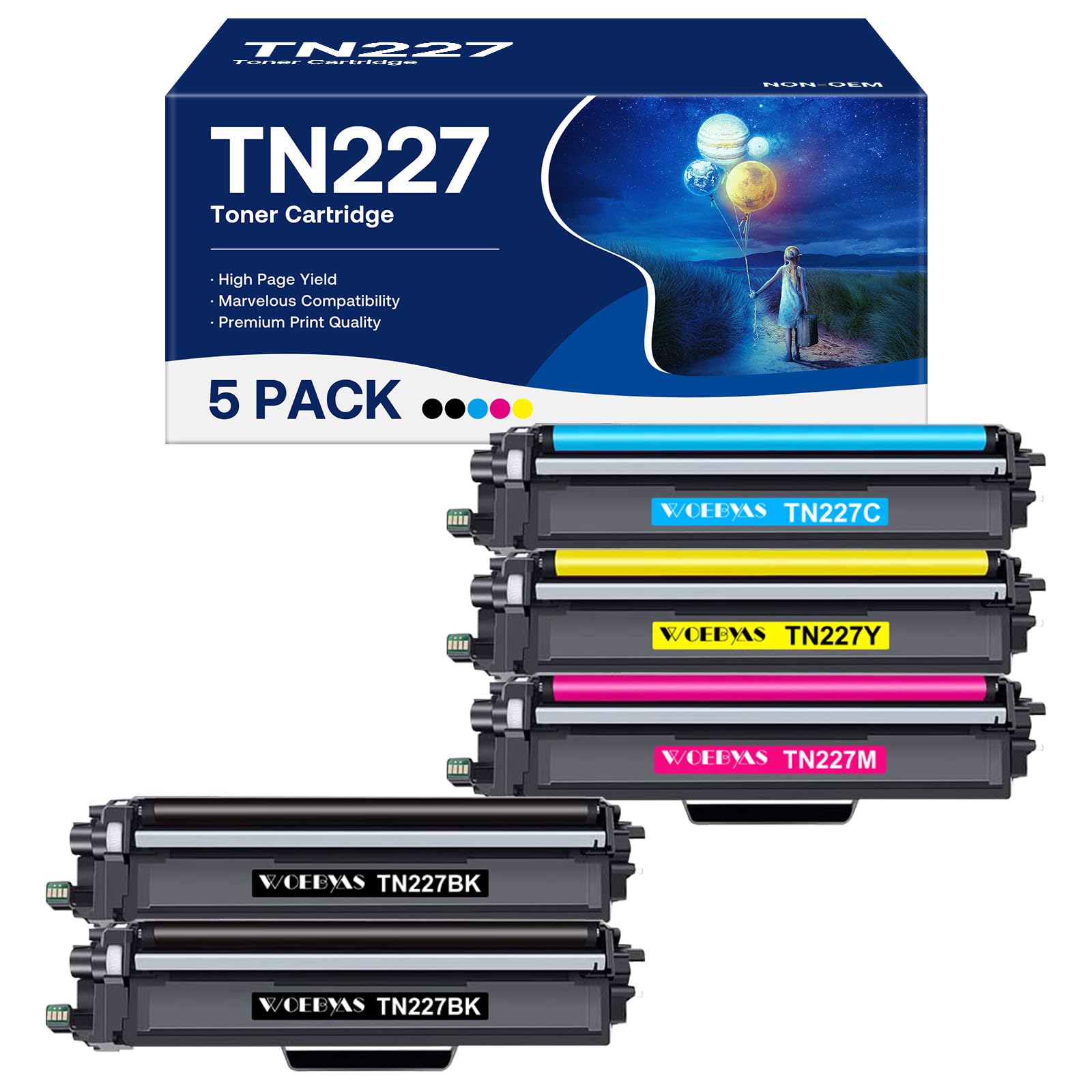 Photo 1 of TN227 High Yield Toner Cartridge 5 Pack, Compatible for Brother TN227 TN223 with MFC-L3770CDW HL-L3270CDW HL-L3210CW HL-L3230CDW HL-L3230CDN HL-L3290CDW MFC-L3710CW MFC-L3750CDW, TN-227BK/C/M/Y