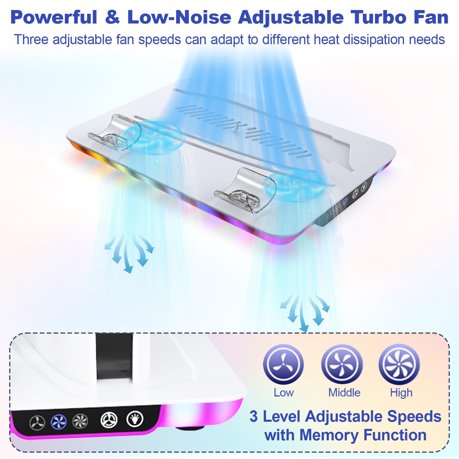 Dock ventola di raffreddamento per Slim/PS5, caricatore dock di ricarica per controller modalità illuminazione RGB velocità dell'aria regolabile in 3 livelli con cavo USB