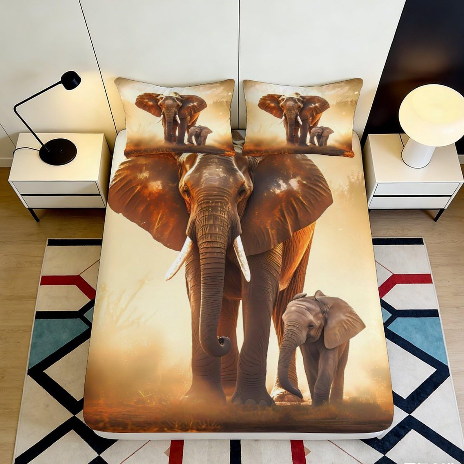 3D Printed African Elephant Fitted Sheet Microfiber Soft Brown Safari Wildlife Mattress Cover Bedroom Decor 120x200x25cm