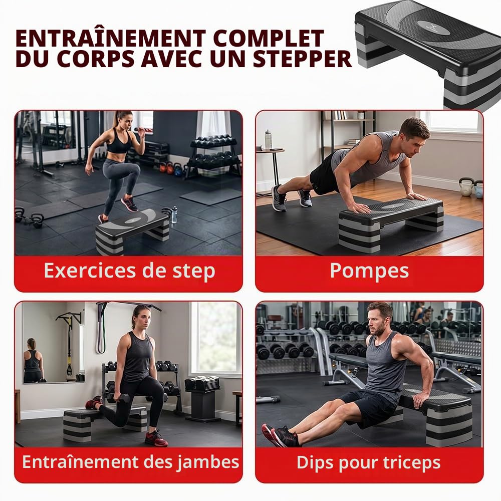 Stepper d'exercice aérobic avec 5 niveaux réglables (10/15/20/25/30 cm), cardio, poids, yoga, entraînement d'exercice, planche à pas, antidérapant pour maison/gym/bureau, routine, fitness,