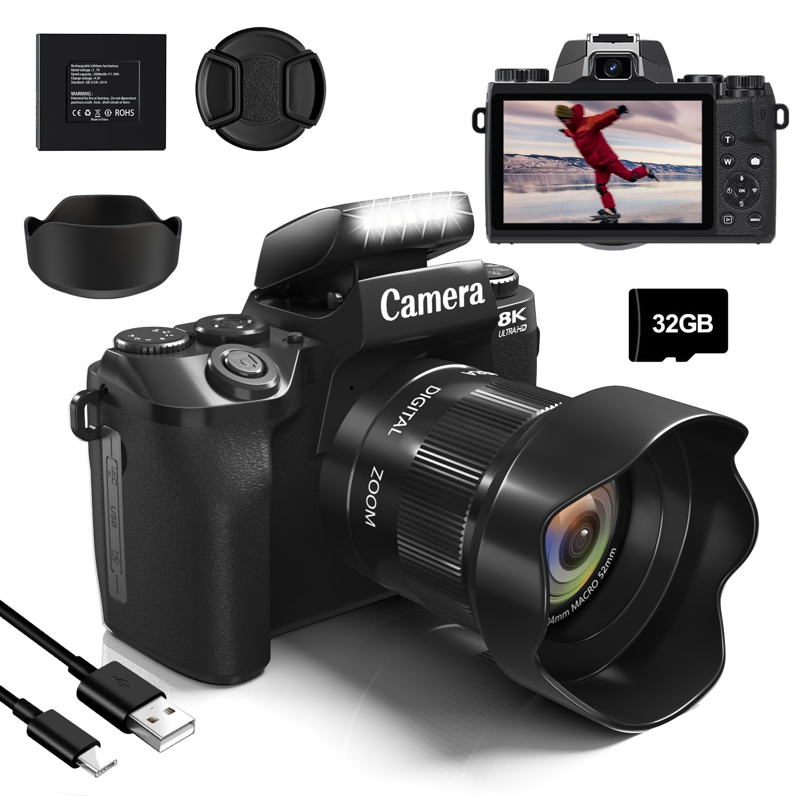 8K Digital Camera for Beginner, Vloggin Camera for YouTube, Autofocus, WiFi, 4 Inch Touchscreen, 16X Digital Zoom, 3000mAh Battery, Dual-Lens, Lens Hood, 32GB TF Card and Flash,Black
