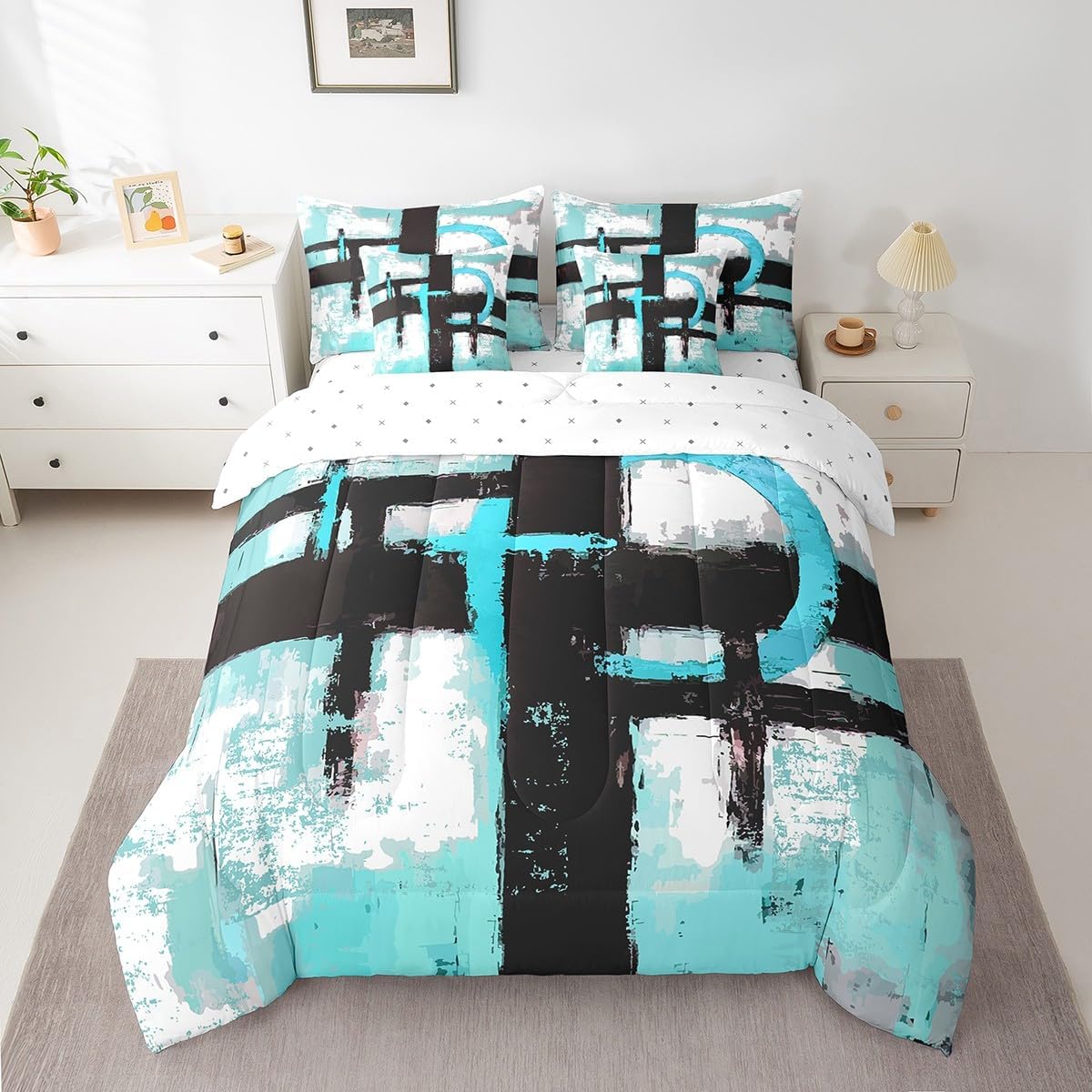 Feelyou Abstract 7 Piece Bedding Set King Size Blue and Black Abstract Art Comforter Set with Sheets for Boys Girls Modern Geometric Bed in a Bag Soft Room Decor