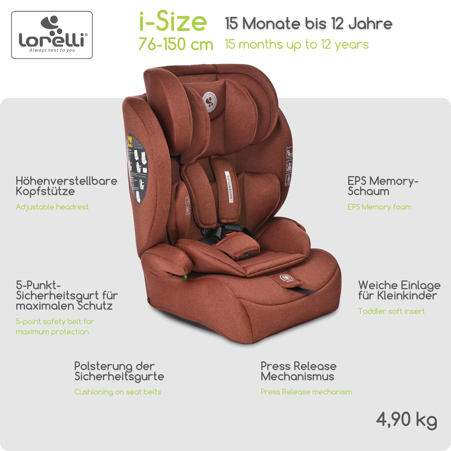 Lorelli Auto Kindersitz 9-36kg Adventure i-Size 76-150 cm, mitwachsender Autositz für Kinder, Babysitz, Autokindersitz, Einstellbare Kopfstütze, 5-Punkt-Sicherheitsgurt, ginger