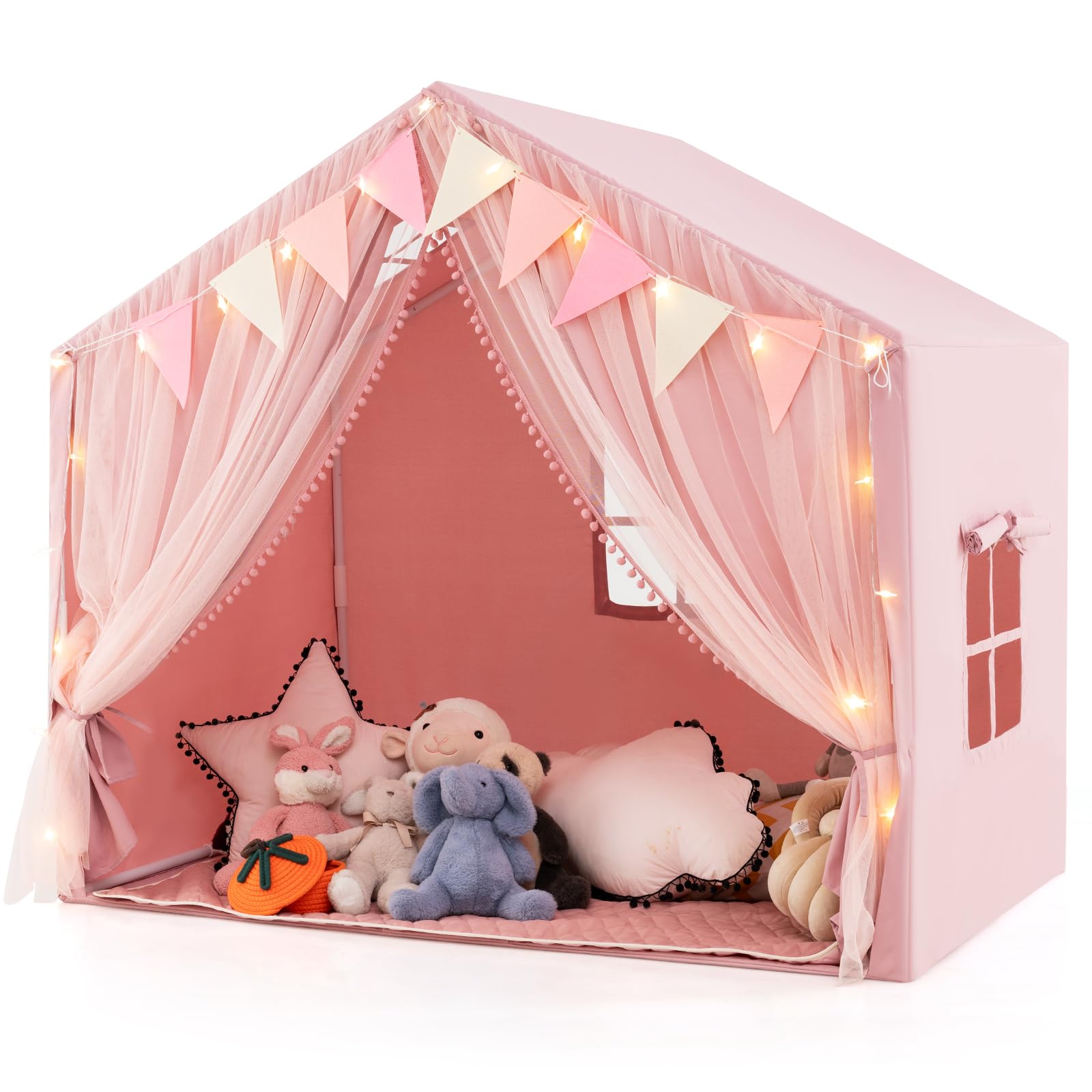COSTWAY Tienda de Campaña Infantil, Tienda Tipi Infantil con 2 Cortinas de Tela y Malla, Luces de Estrellas, 2 Ventanas Transpirables, Almohadilla de Algodón, Casita Niños Tela para 3-4 Niños (Rosa)
