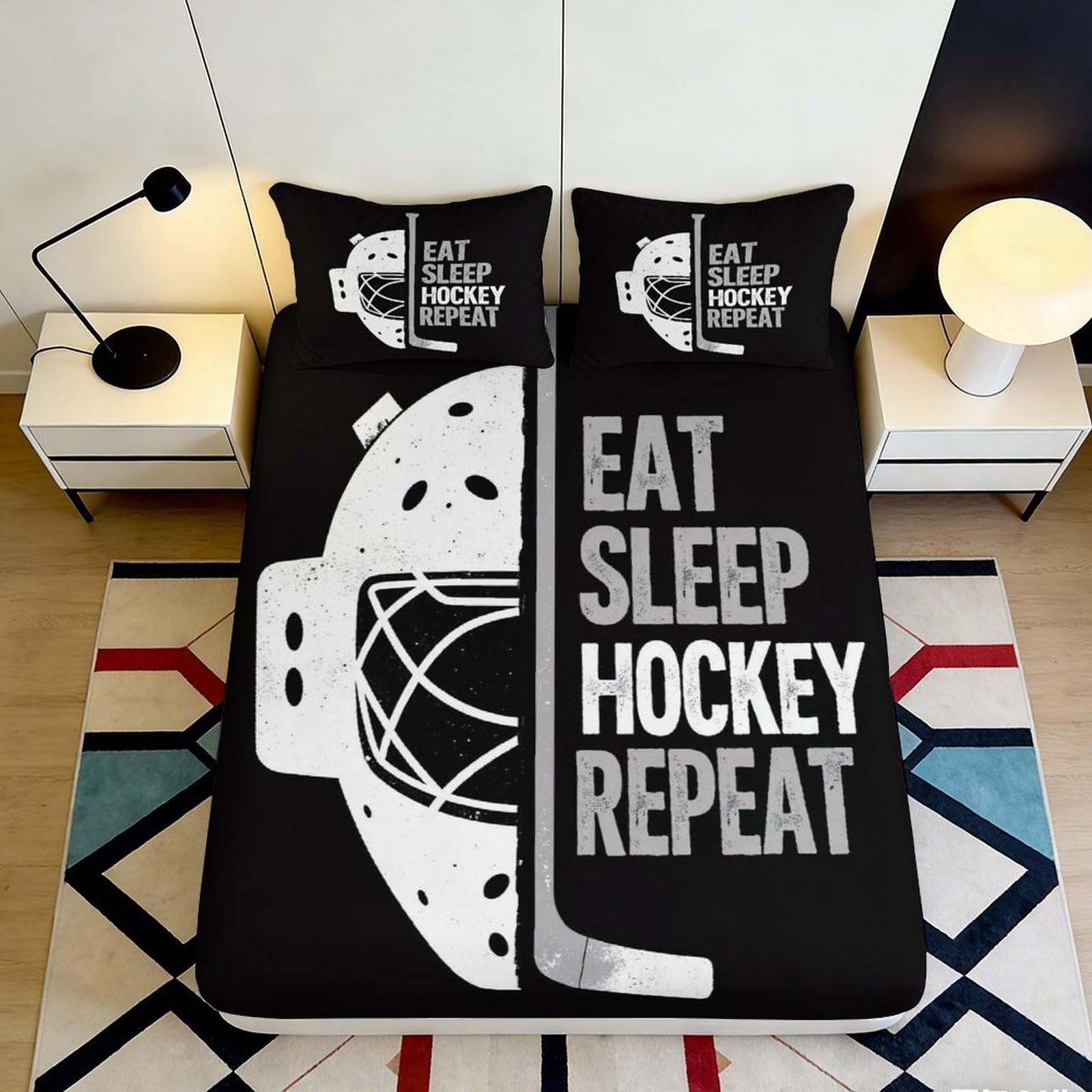 3D Printed Eat Sleep Hockey Repeat Fitted Sheet Microfiber Black White Hockey Mask Bed Cover for Bedroom Dorm Mattress Protection 90x200x25cm
