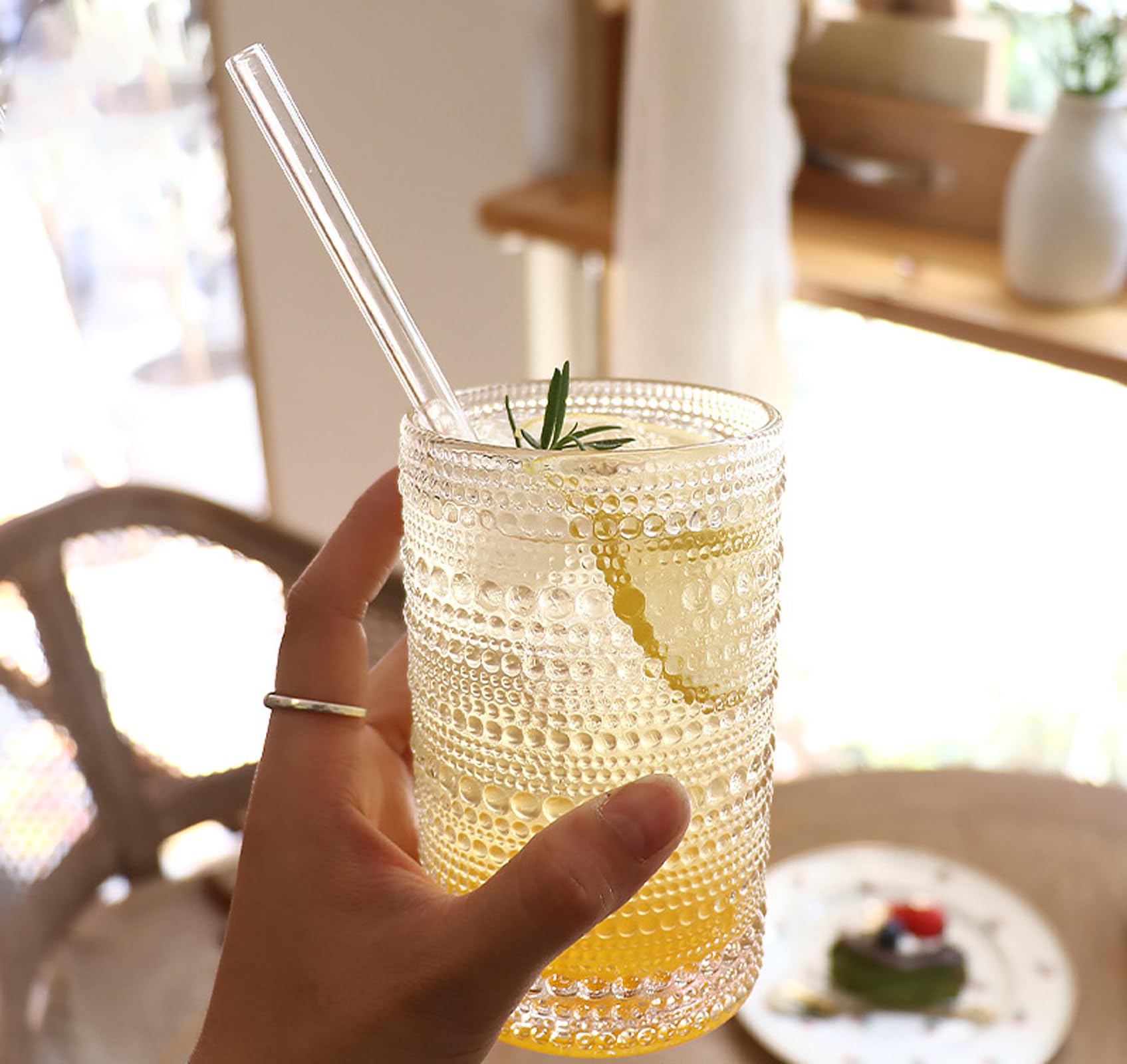 Cheardia 6 Pack Vintage Drinking Glasses, 12 oz Hobnail Drinking Glasses Embossed Water Glassware Set, Clear Bubble Cups for Beverages, Water, Juice, Beer, Cocktail and Milk