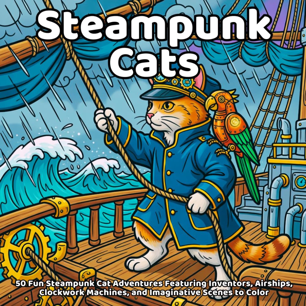 Steampunk Cats Coloring Book: 50 Fun Steampunk Cat Adventures Featuring Inventors, Airships, Clockwork Machines, and Imaginative Scenes to Color