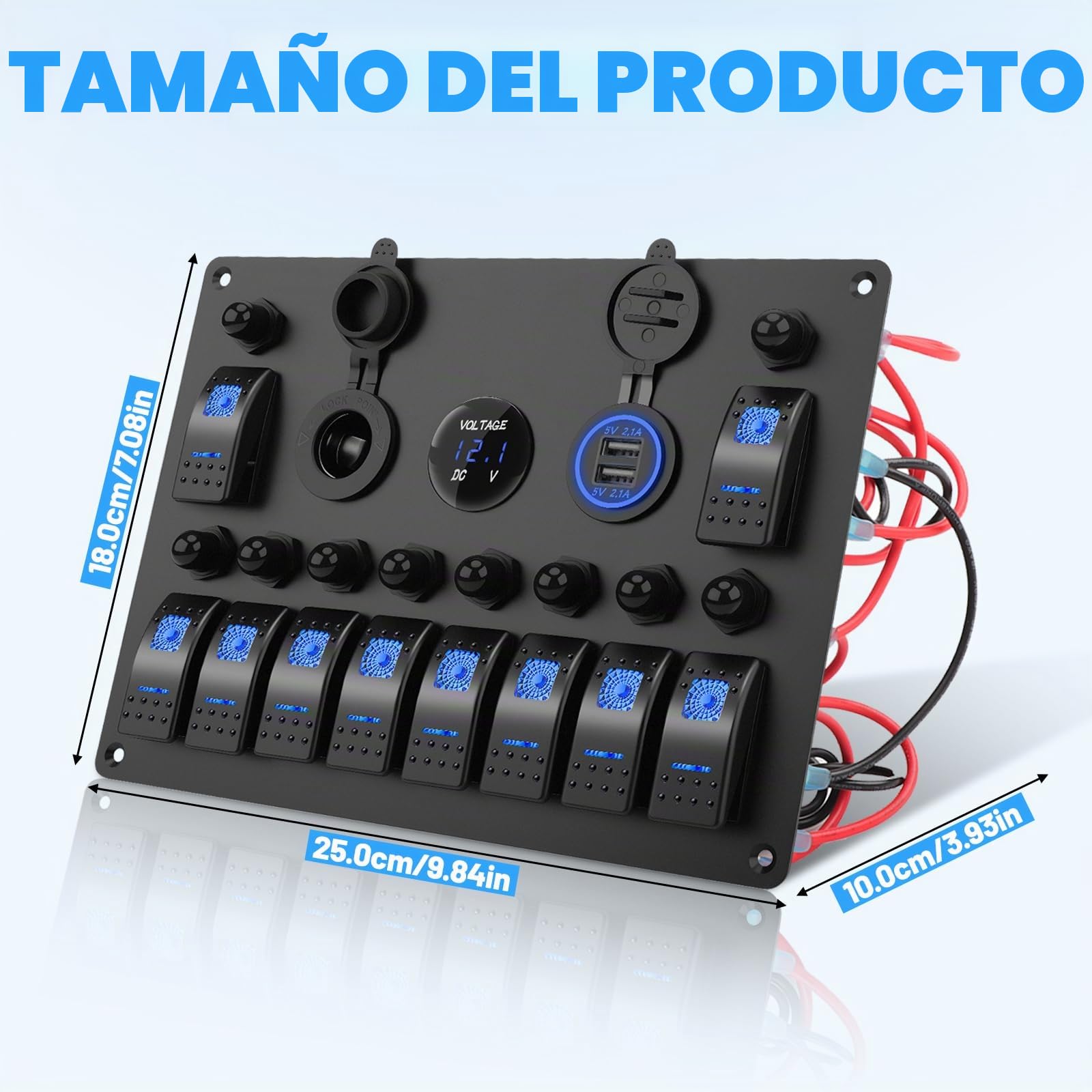 Geloo Panel de Interruptores 10Gang Impermeable Interruptor de Palanca 12V | con Interruptor Basculante, Disyuntor, Voltímetro, Toma de Encendedor, Cargador USB Doble para Barco Camper Coches Caravana