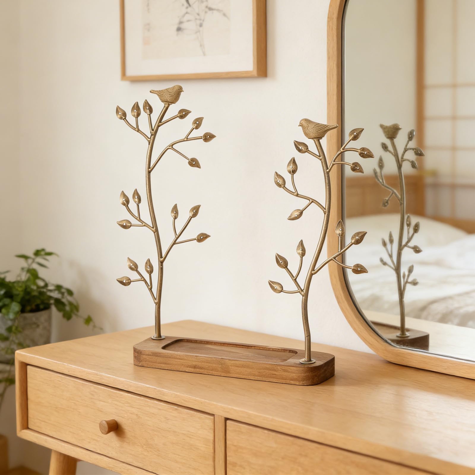 YARNOW Présentoir à Bijoux en Fer et Bois D'arbre à Oiseaux avec Plusieurs Niveaux, Organisation Stable pour Boucles D'oreilles sur Comptoir ou Coiffeuse