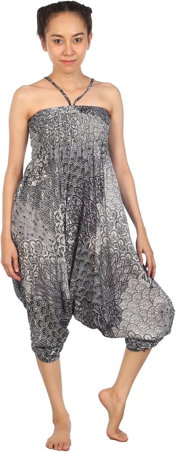 LOFBAZ Yoga Harem Pants for Women Boho Hippie Bohemian Clothing Womens Indian Beach Gypsy Clothes Maternity Genie Jumpsuit Peacock 1 Black B 2XL