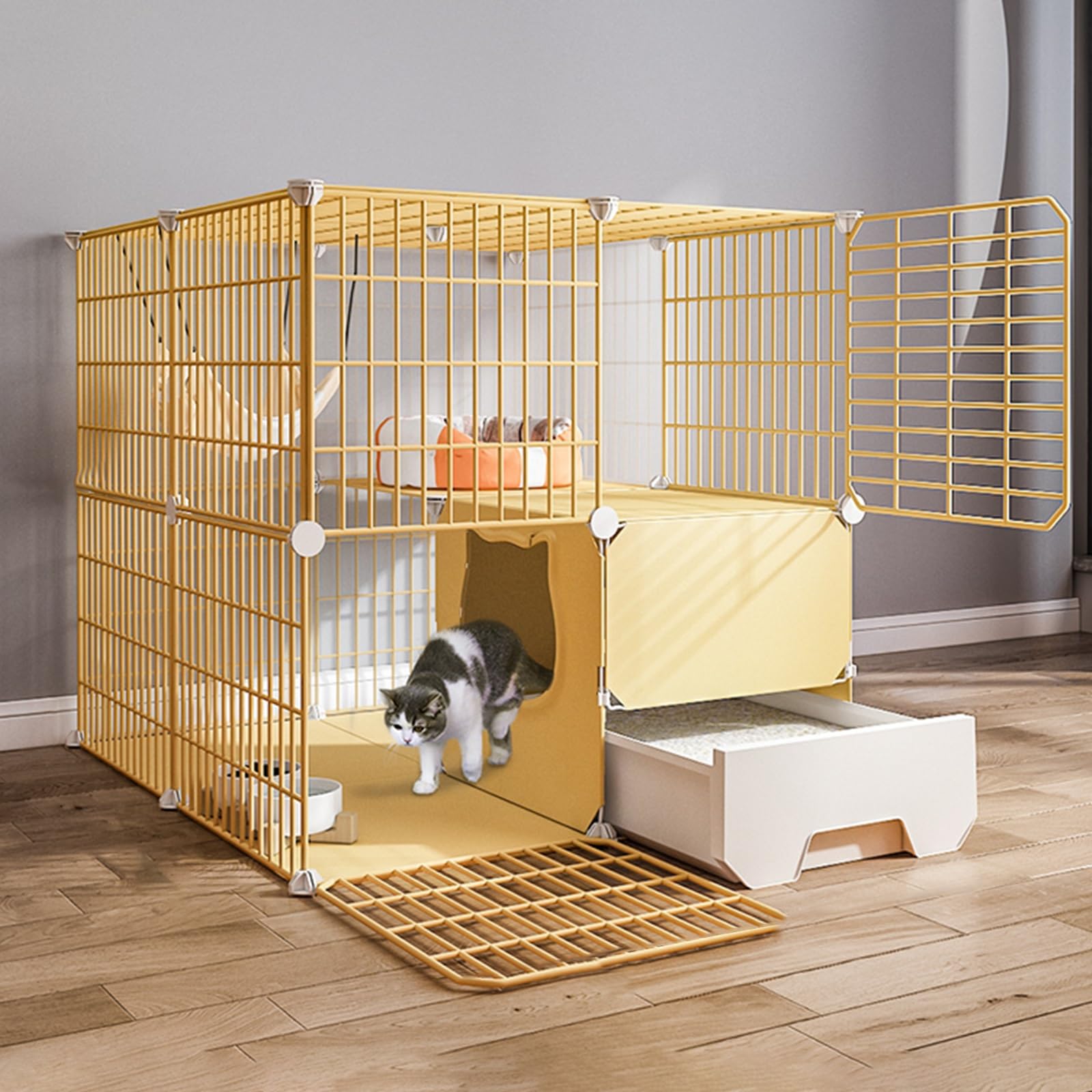 Gabbia per Gatti, Gabbie per Gatti da Interno con lettiera - Grandi recinti in Filo Metallico smontabili, condominio e recinto per Gatti Fai-da-Te da assemblare per Uso Esterno/Interno (75 c