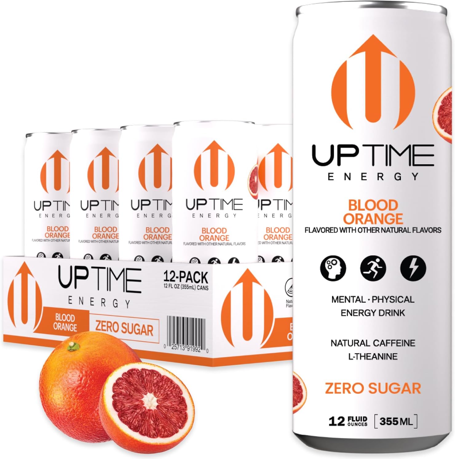 UPTIME – Blood Orange - Zero Sugar (12 Pack), Premium Energy Drink, 12oz Bottles, Natural Caffeine, Sparkling, Natural Flavors, 5 Calories