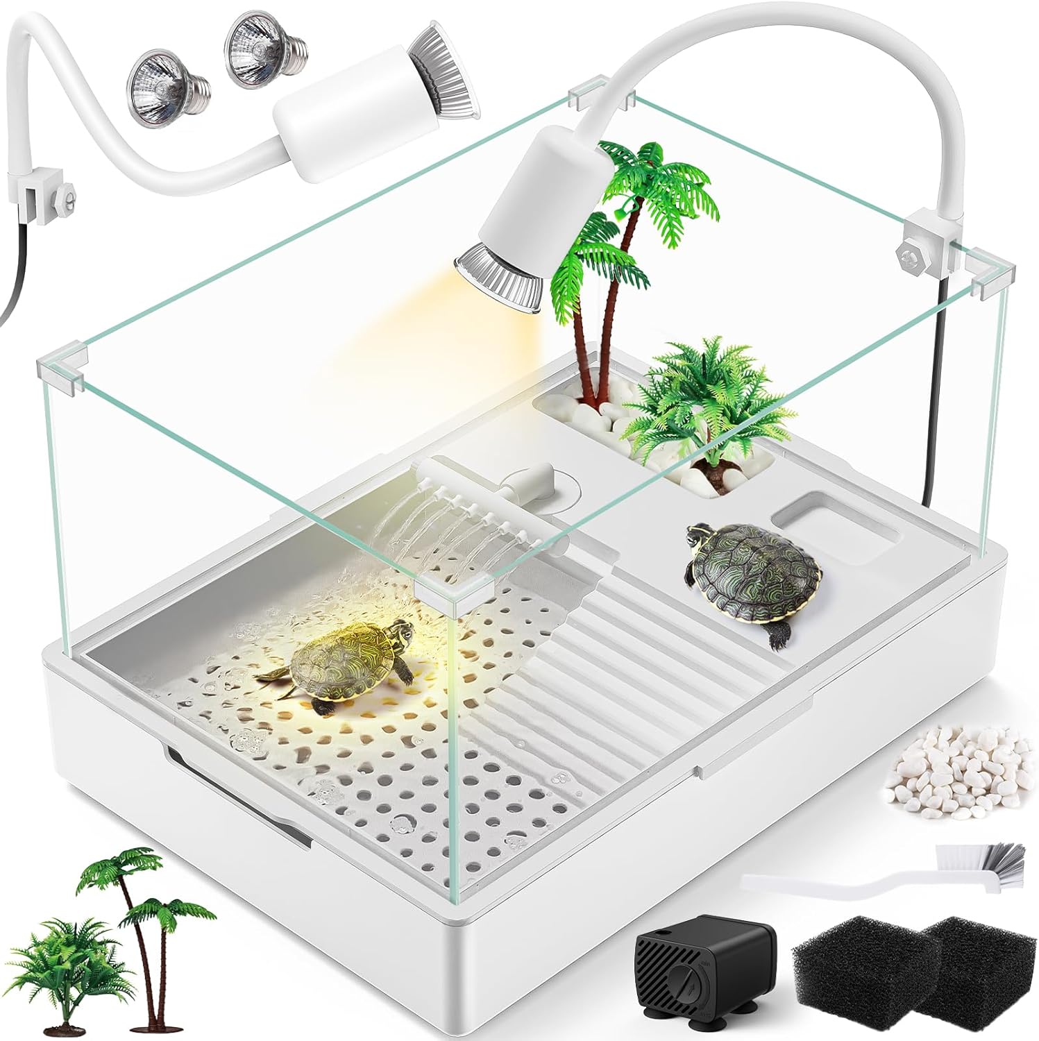 Moonorange Small Acrylic Turtle Tank Starter Kit with Rain Shower, Adjustable 5W Pump, UV Light & High Fences for Baby Turtles