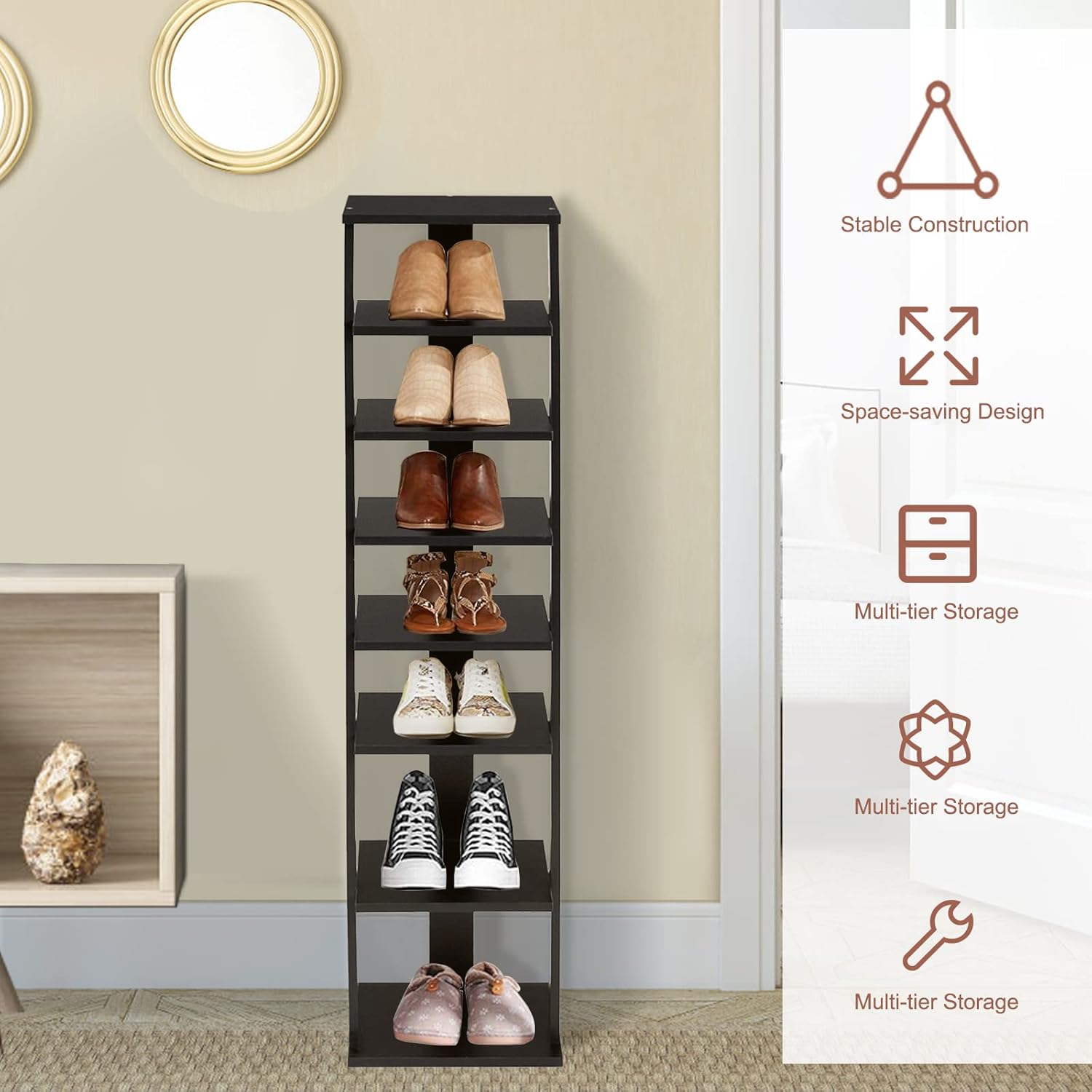 Multigot 7-Tier Shoe Rack, Wooden Shoe Shelf Organizer Unit, Space-Saving Single/Double Storage Stand (27 x 26 x 110cm, Black)