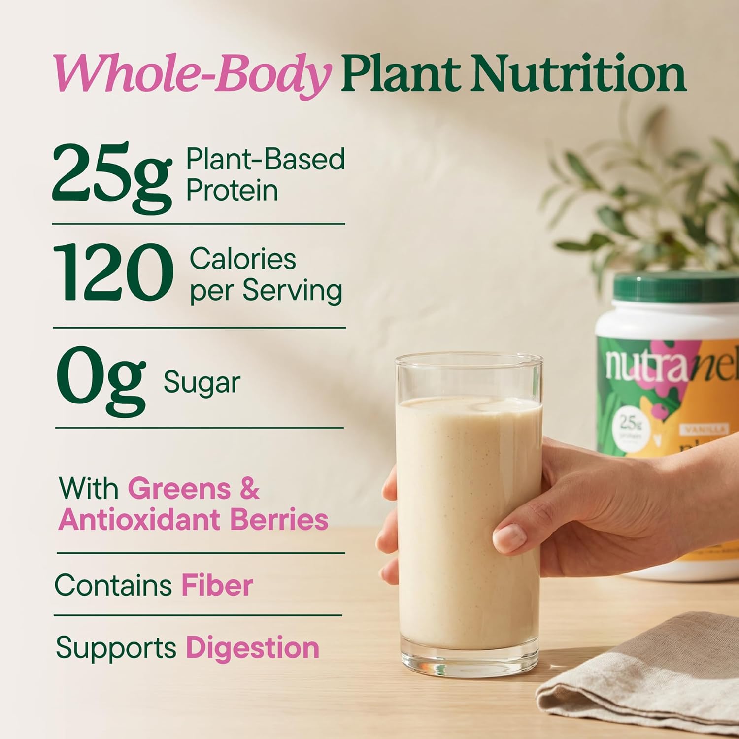 Nutranelle Vanilla Protein Powder - 25g Vegan Protein Powder with Greens - Unsweetened & Gluten Free Plant Based Protein - Gluten Free Nutrition Made in USA - Perfect for Smoothies, Shakes & Recipes