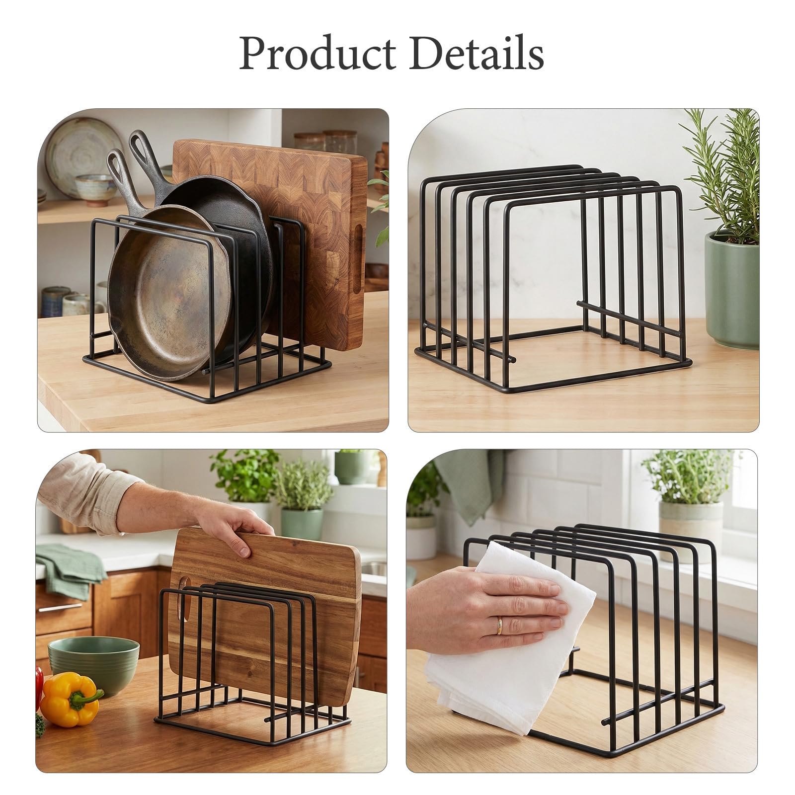Soporte para Tabla de Cortar de Cocina Negro de Hierro con 5 Ranuras y Diseño Moderno, Organizador Versátil y Fácil de Limpiar para Sartenes y Bandejas en Armarios o Despensas,