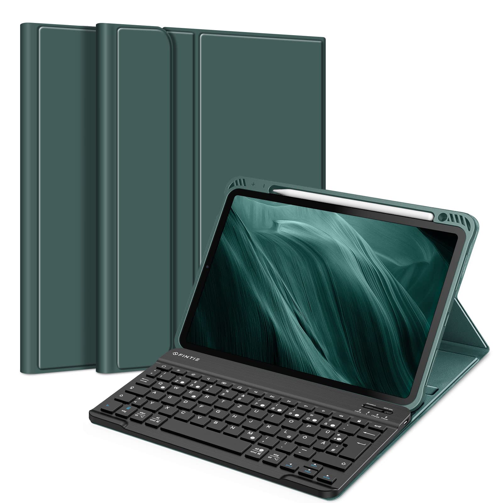 FINTIE Hülle mit Tastatur für iPad Air 11 Zoll M4/M3/M2 (2026/2025/2024), iPad Air 5./4. Gen 10,9 Zoll, TPU Rückschale Schutzhülle mit Stifthalter, magnetisch Abnehmbarer QWERTZ Keyboard, Dunkelgrün