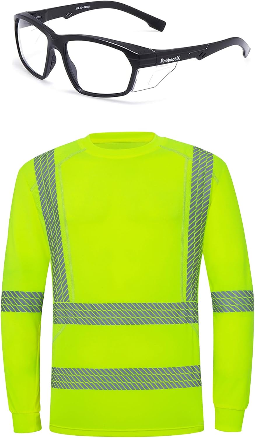 ProtectX Safety Reading Glasses 1.0 ＆ Green High Visibility Long Heat Transfer Shirt