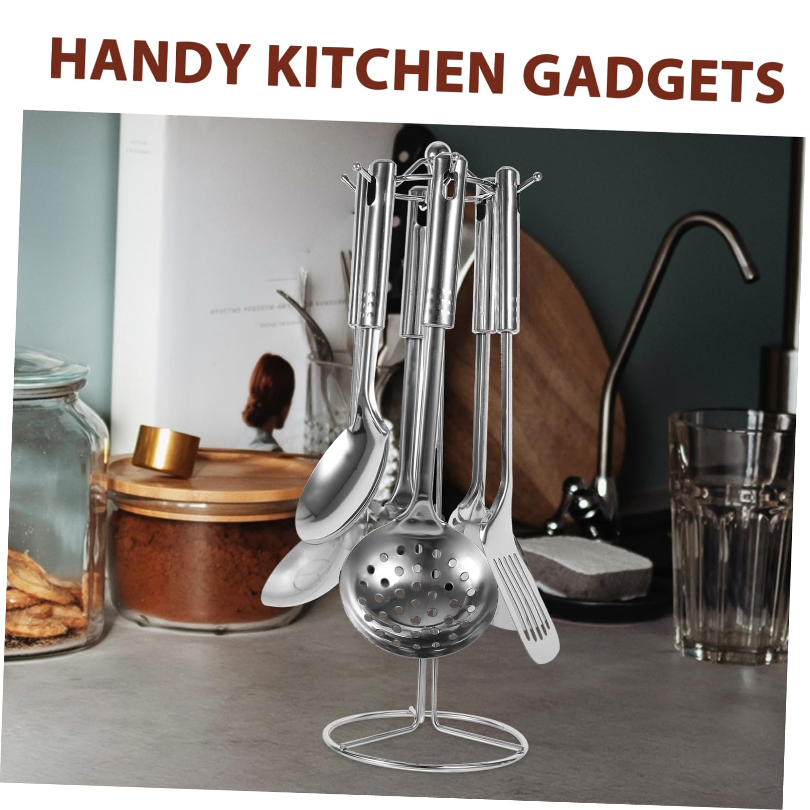 Set Utensili da Cucina in Acciaio Inox 6 Pezzi Supporto