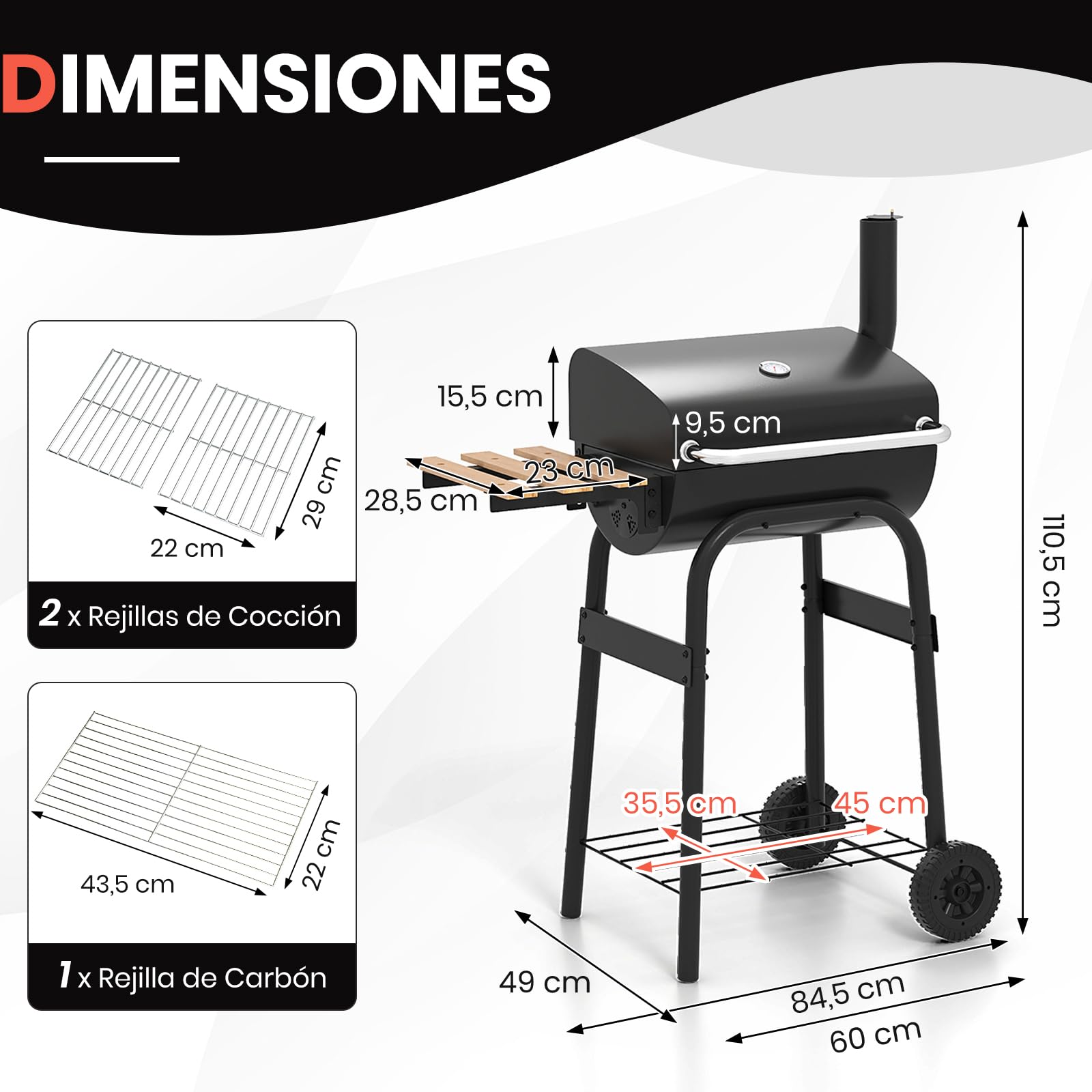GOPLUS Parrilla de Carbón Portátil, Barbacoa al Aire Libre con Termómetro y Mesa Lateral Plegable, Estante de Almacenamiento y Ruedas para Patio Jardín Camping Picnics