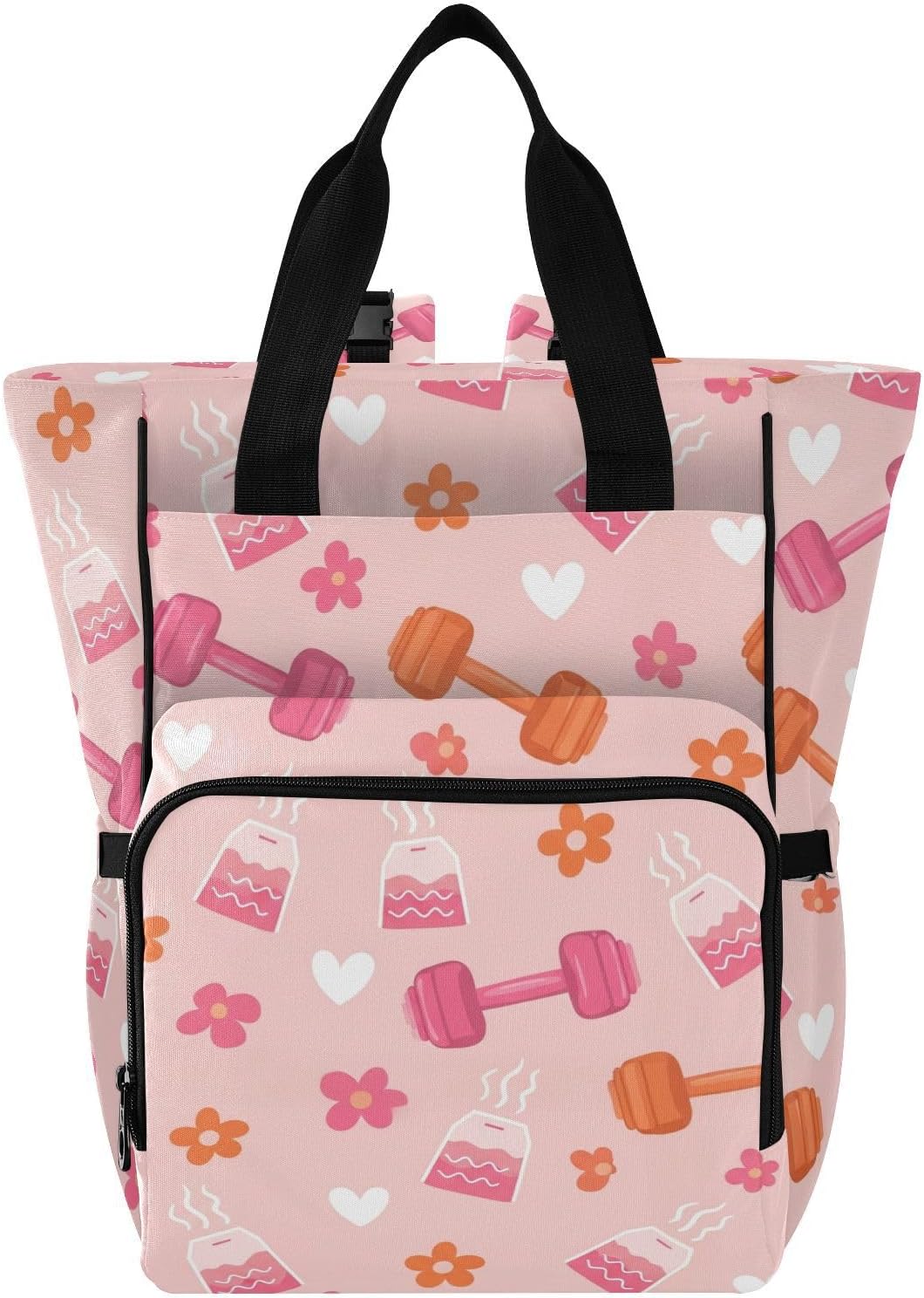 Dumbbell Flowers Pink Pattern Diaper Bag Backpack for Baby Boys Girls Multifunction Baby Essentials Travel Tote with Stroller Straps & Bottle Storage Maternity Travel Bag for Baby Shower Gifts
