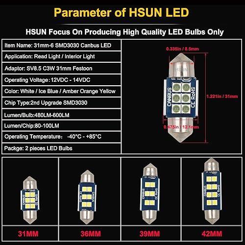 Miniatura 4 de HSUN Bombilla LED Festoon de 1.220 in, 12 V-14 V DE3175 3175 6428 6430 DE3021 DE3022 DE3023 Canbus sin errores con chip 6LED SMD3030 para luz de