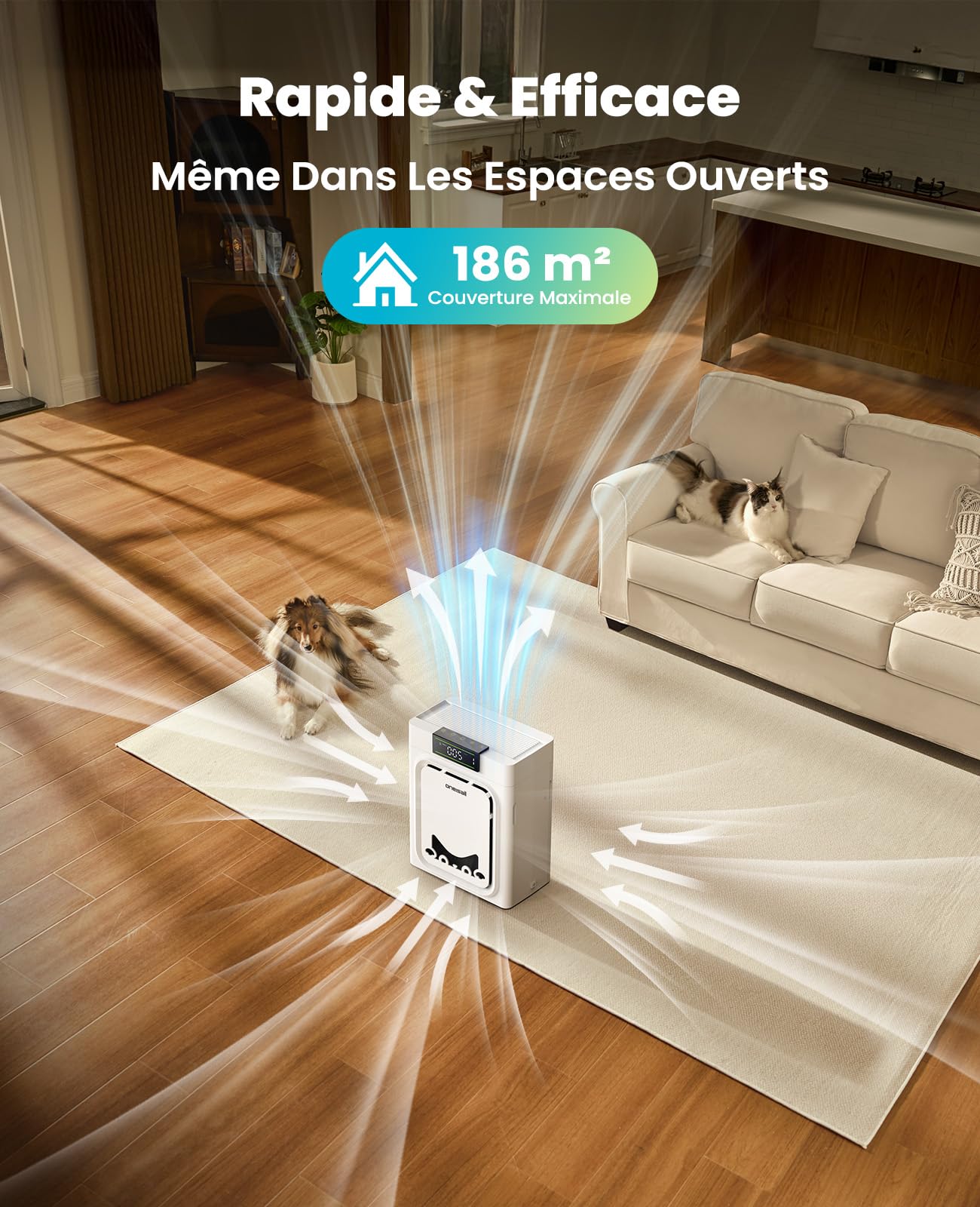 oneisall Purificateur D'Air Pour Animaux, Filtres HEPA Lavables Des Deux Côtés, Pour Grandes Pièces Jusqu'À 204 m², Élimine Poils, Odeurs, Allergènes, Pellicules, Fumée & Poussière, PP02