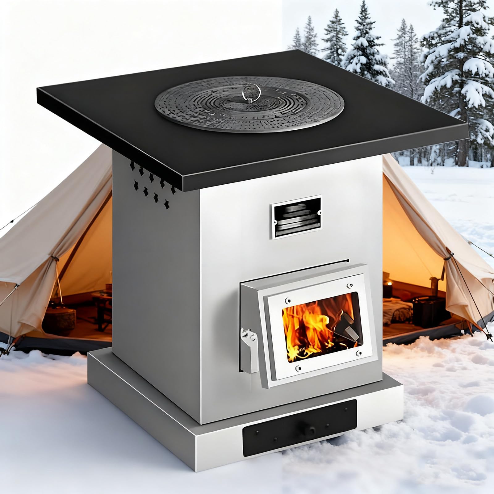 Estufa de leña con chimenea y malla antiquemaduras para uso en interiores y exteriores, calienta hasta 60 m²