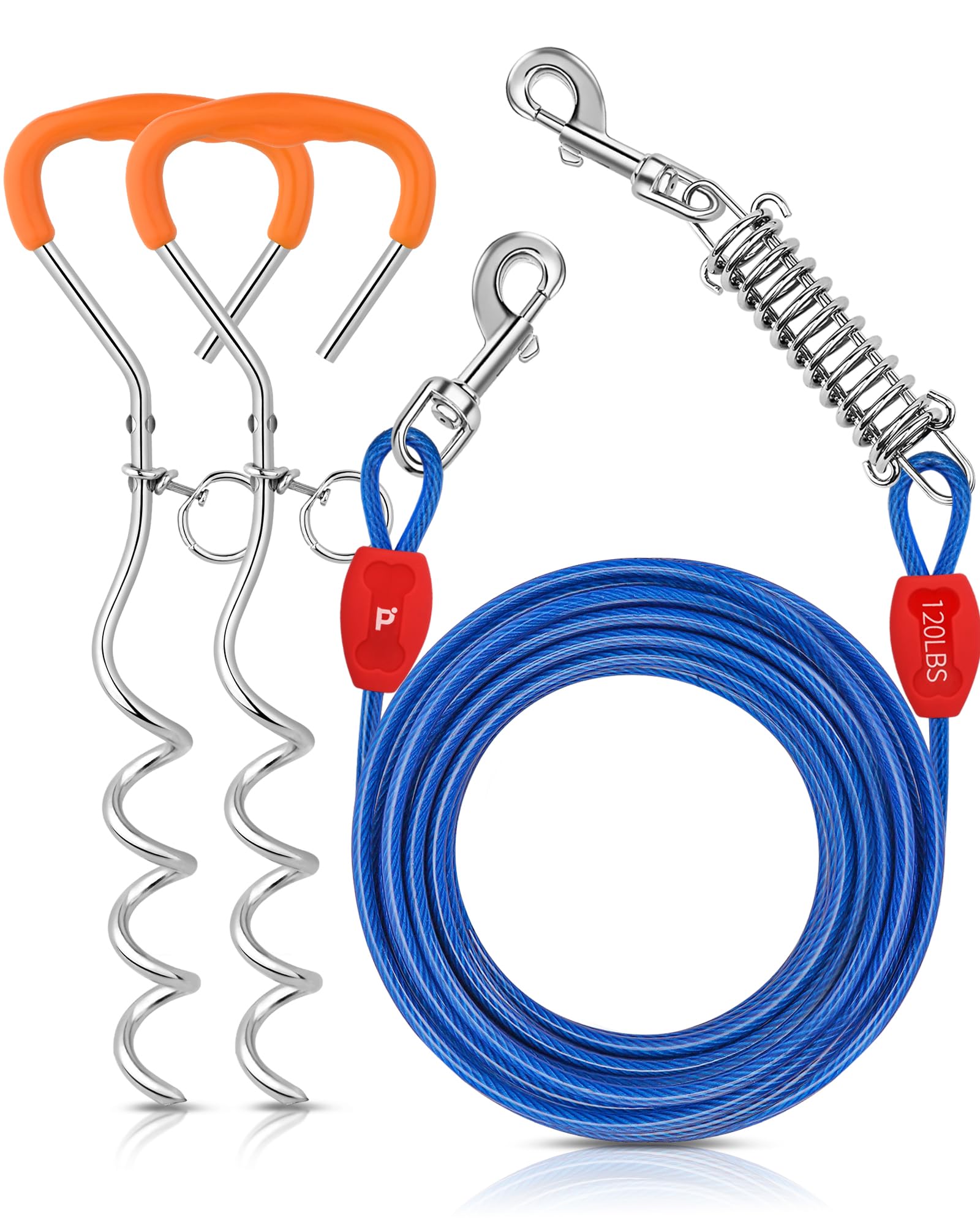 Petbobi Dog Tie Out Cable and 2 Pack Stake - 30FT Heavy Duty Cable with Spring - No Tangle, 16 in Ground Stake for Yard, Camping, and Beach - Suitable for Medium to Large Dogs Up to 120 lbs, Blue