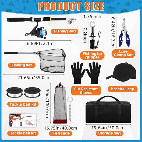 Miniatura 2 de Telescopic Fishing Rod and Reel Combo 2 Pcs Collapsible Fishing Pole Kit with Plier Lip Gripper Lures Carrier Bag Pre-Loaded Spinning Reel for