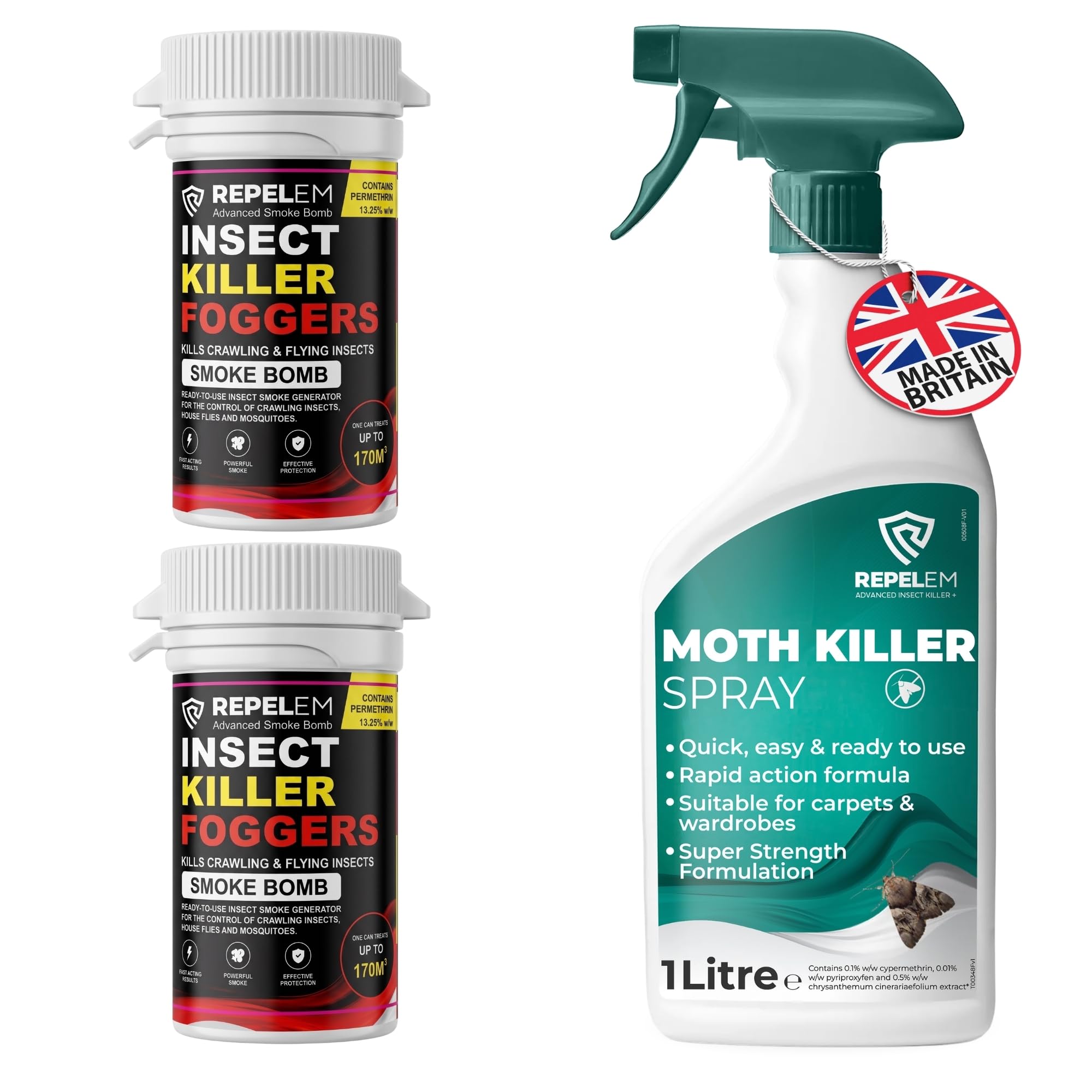 REPELEM 1L Moth Killer Spray with 2 Smoke Bombs - Fast Acting Moth Repellent & Insect Killer, Kills Moths at all Life Stages, Professional Strength Permethrin Spray
