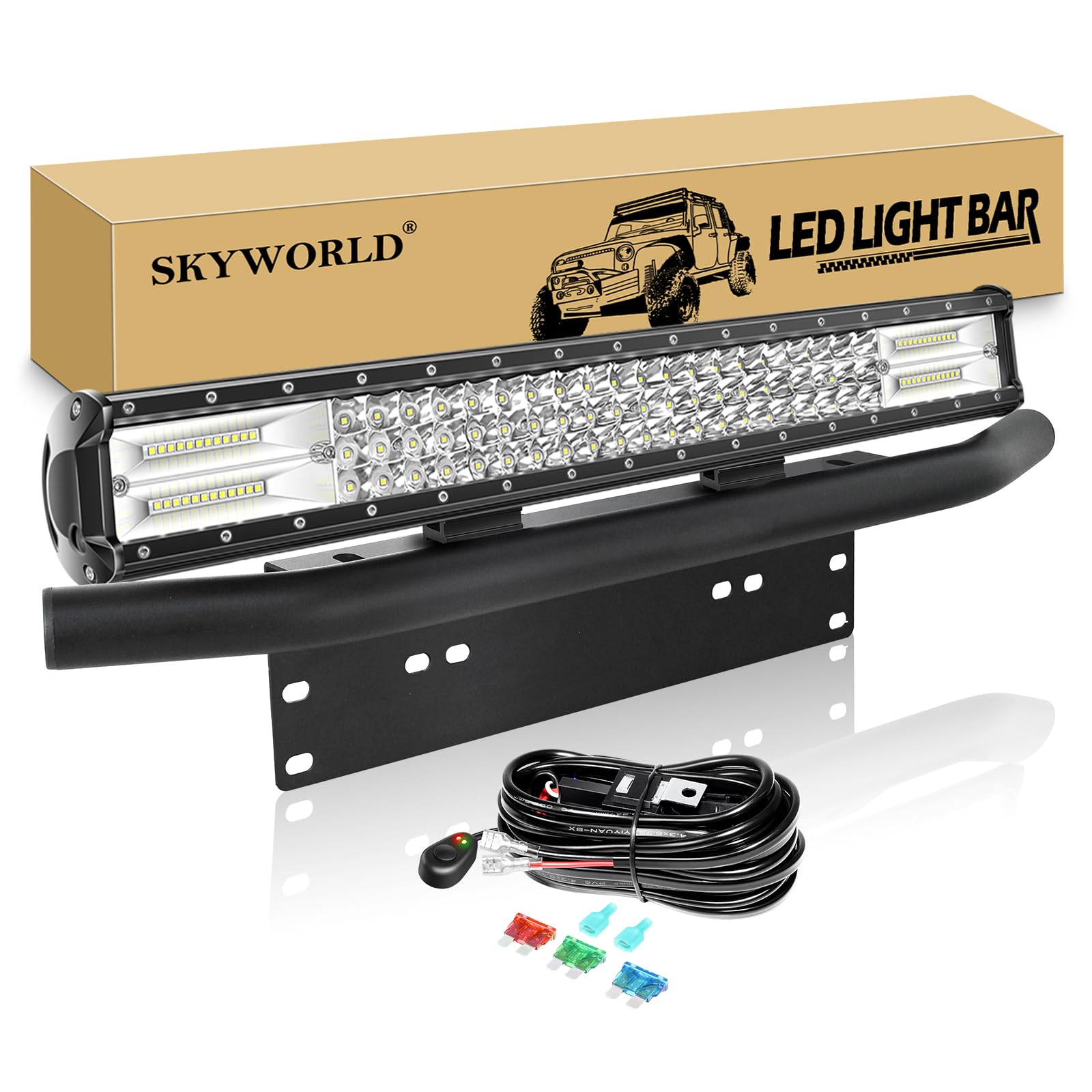 SKYWORLD 32 Inch LED Work Light Bar 405W Curved Flood Spot Cobo Bea LED Work Lights 6000K With