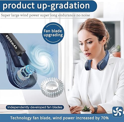 Vista 2 de Neck Fan, USB Rechargeable Personal Fan, 4000 mAh Battery Operated, 3 Speeds Adjustable, Faster Cooling, Ultra Quiet, Suitable for Home, Office