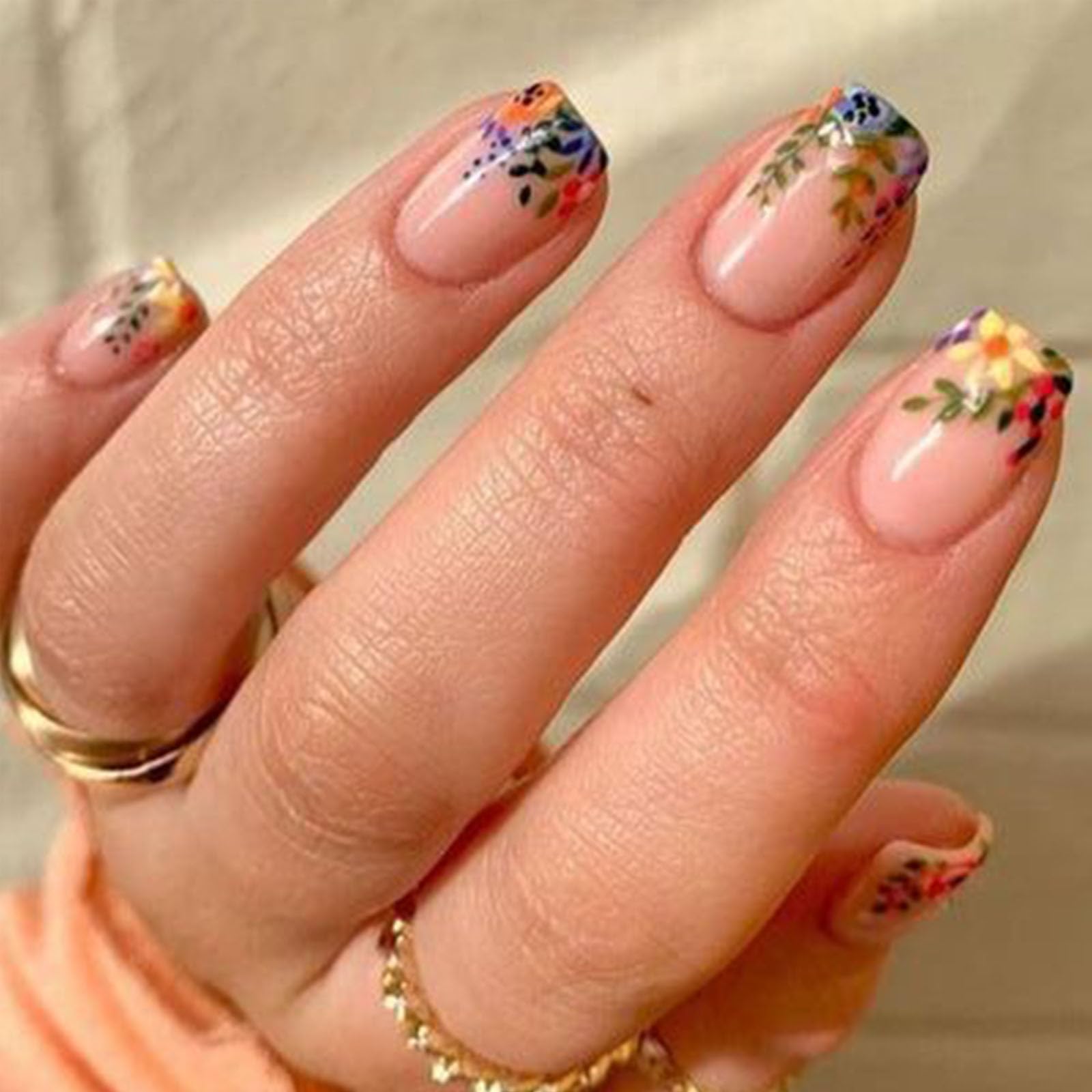 Medium Press on Nails Square Fake Nails with Colorful Floral Designs Nude Nails Press ons Glossy Glue on Nails Spring False Nails Cute Acrylic Nails