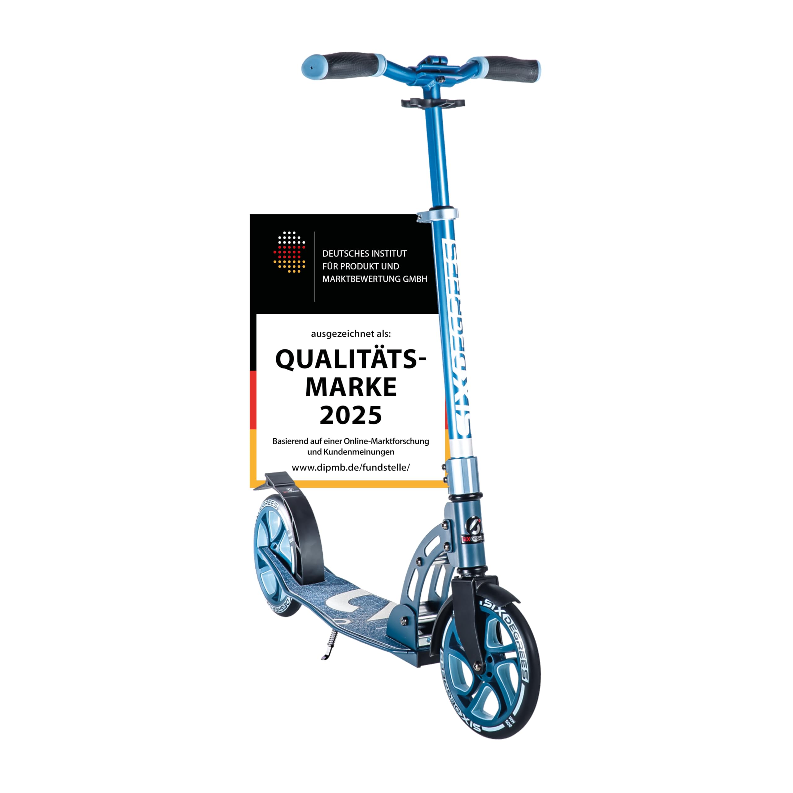 Six Degrees Aluminium Scooter mit Klappmechanismus, Ständer, 205 mm TESTSIEGER, ABEC 7, höhenverstellbar, GS-geprüft