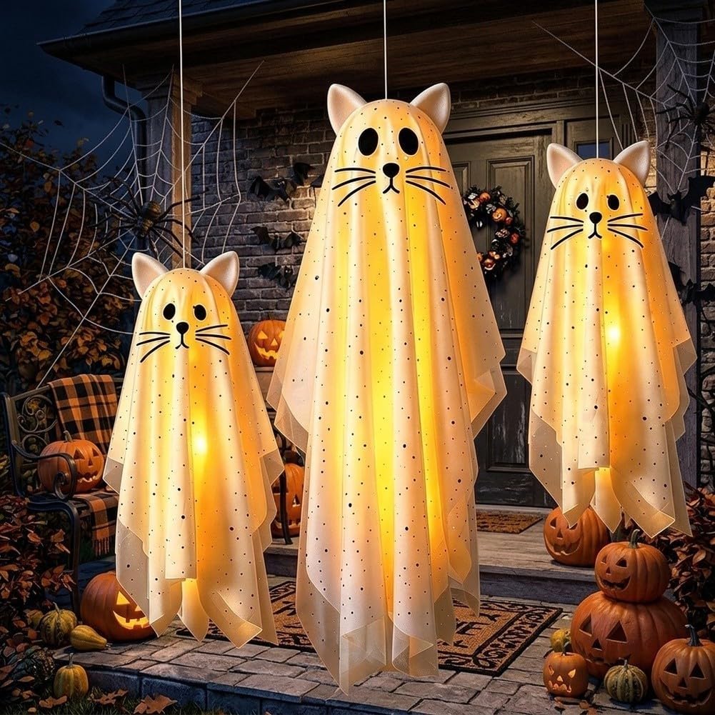 3 Stück Halloween Hängefiguren Katze mit Licht