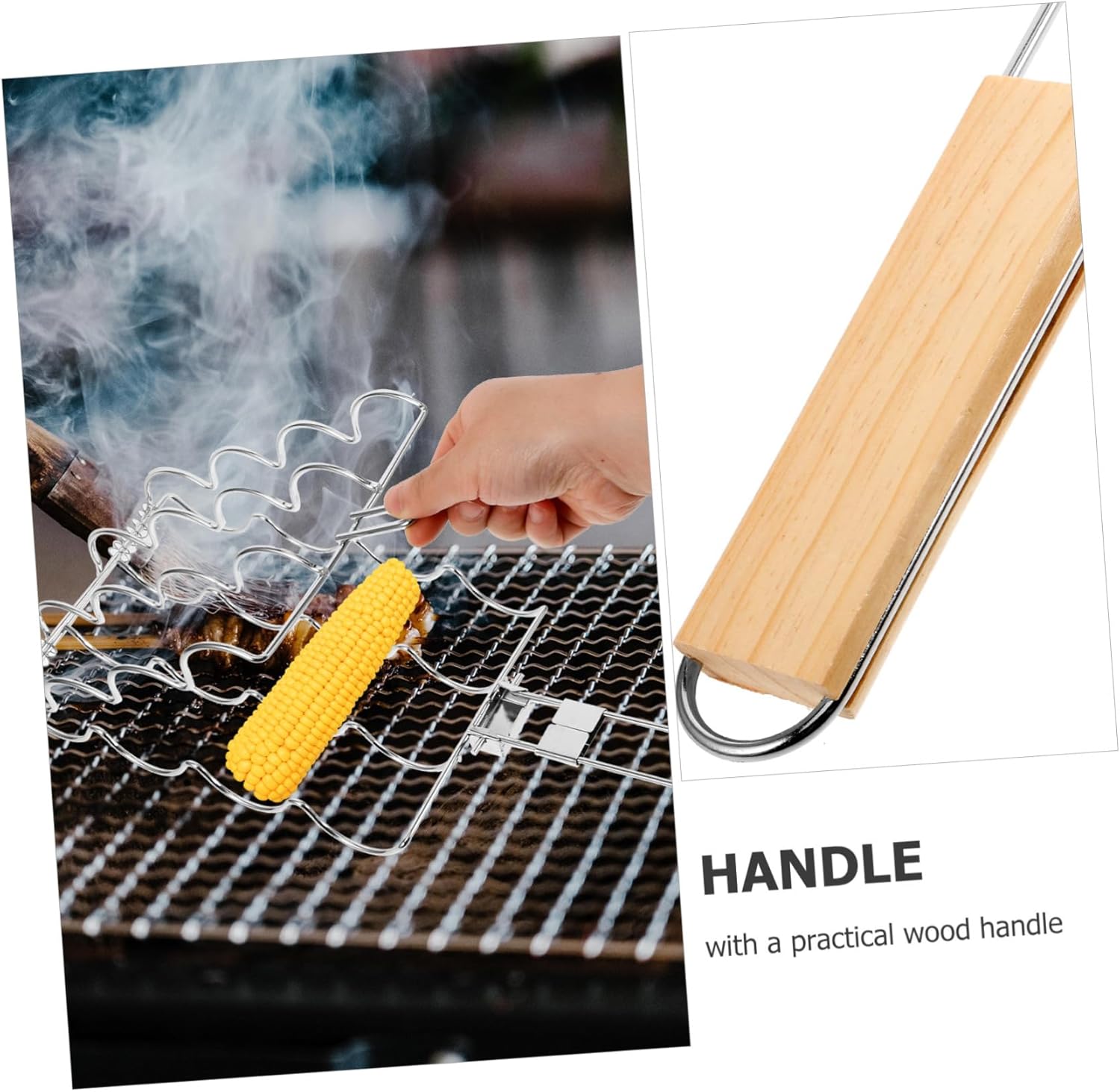 Alipis Portable Bbq Corn Grilling Rack Camping Grill Accessory Multi-use for Sausage Steak Fish Folding Grill Wooden Handle