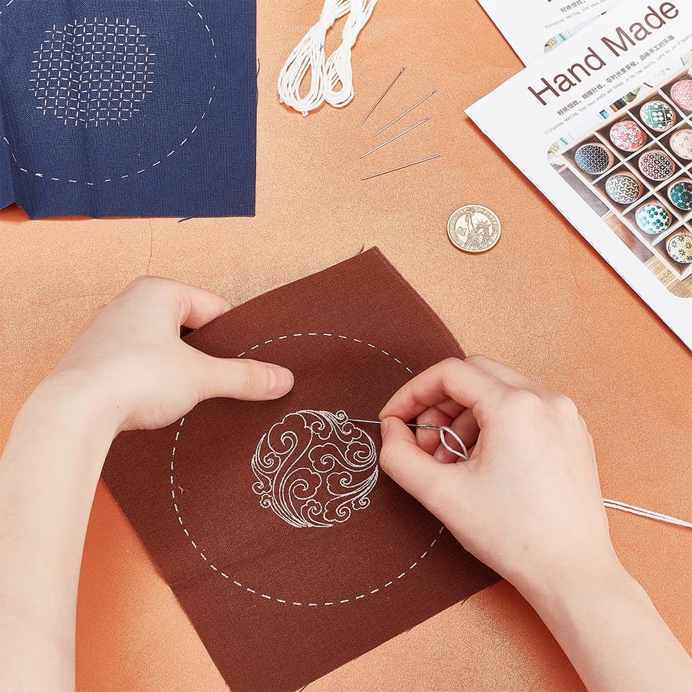 FREEBLOSS 2 Set Sashiko Kit Embroidery Needlepoint with Japanese Pattern Sashiko Fabric Sashiko Thread and Needles Hand Embroidery Kit Sashiko Supplies for Hand Sewing Lover Embroidery Practice Kit