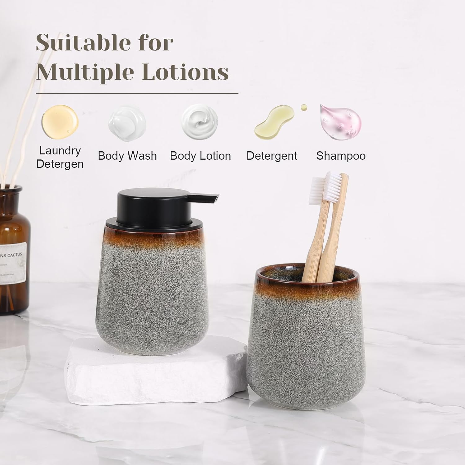 INGOFIN Ceramic Foaming and Liquid Soap Dispenser Set -12oz Foam and Lotion Hand Soap Dispenser Bathroom, Modern Refillable Dish Wash Soap Bottle for Kitchen with Large Pump,Kiln-Glazed White