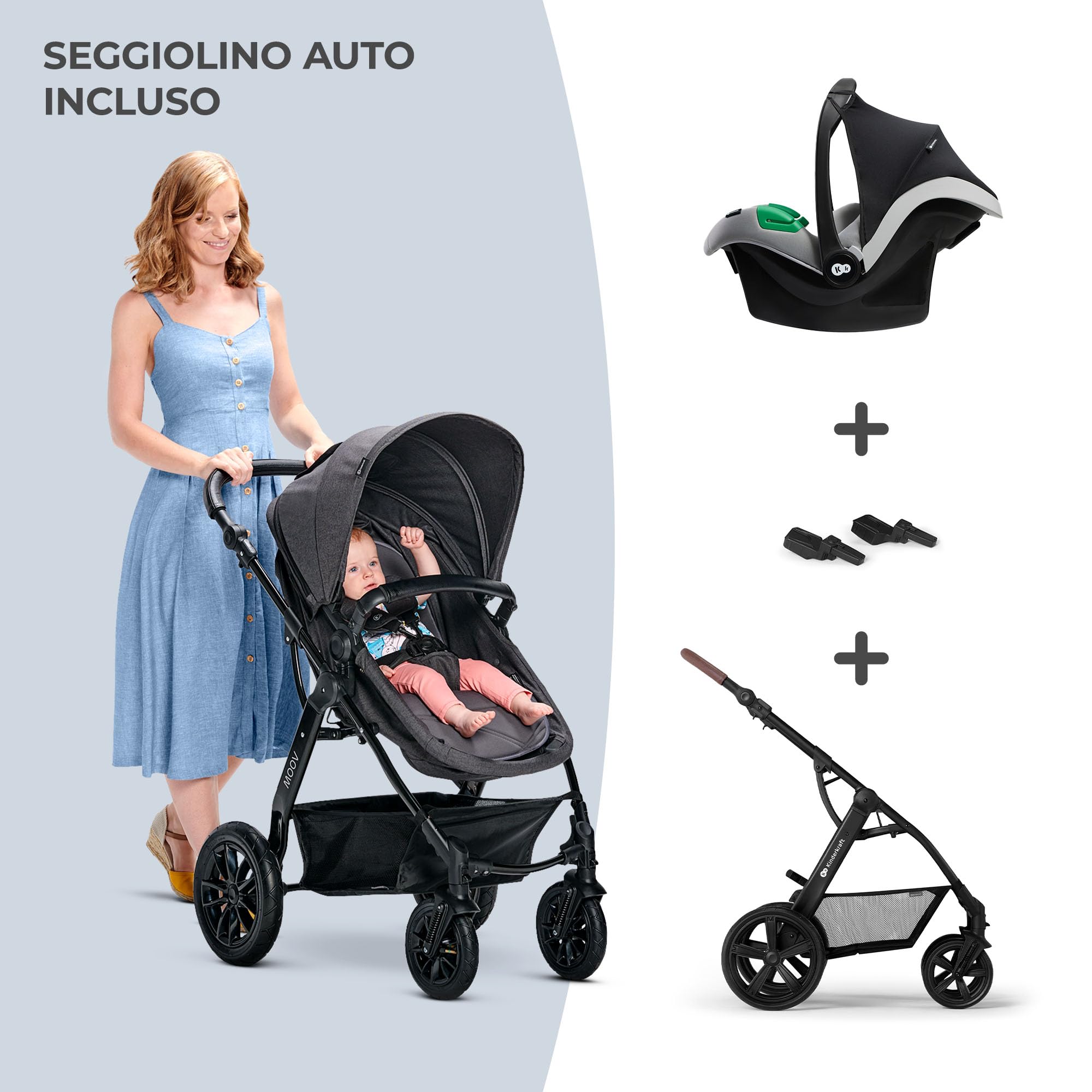 Kinderkraft MOOV Trio passeggino neonati 3 in 1 fino 26 kg, con Ovetto I-SIZE 40-75 cm, Carrozzina reversibile fronte mamma e strada, Pieghevole, Borsa zanzariera incluso, Grigio